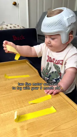 ‼️ 2 EASY & BENEFICIAL activities for your mobile infant (this baby is 9 months)  ⭐️ tape pull - I used colored masking tape from Amazon but any thicken tape would work (like painters tape) ⭐️ scarf thread - I used an empty container and poked holes in it with scissors and threaded a silk scarf material through (you could cut up an old shirt and use that)  #babyactivities #sensoryplaybaby #finemotorskills #finemotoractivity #9monthsold 