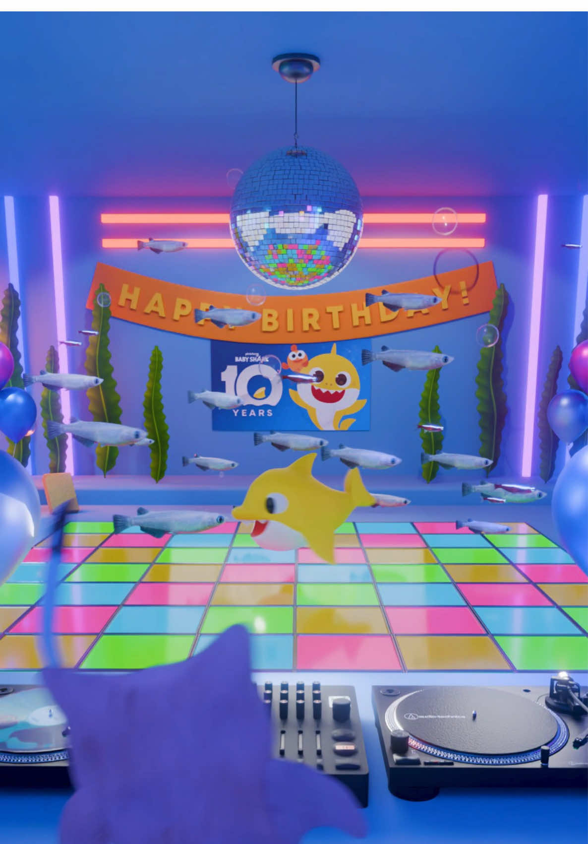 Underwater party at the UIA Club 🎧 celebrating @Baby Shark Official’s 10th Birthday with the Limited Edition Baby Shark Liquid Vinyl  🎊  Happy Birthday Baby Shark! 🫧 (Note: Baby Shark Theme UIA Remix not included on the vinyl) #babyshark #cats #blender #foryou #fyp 