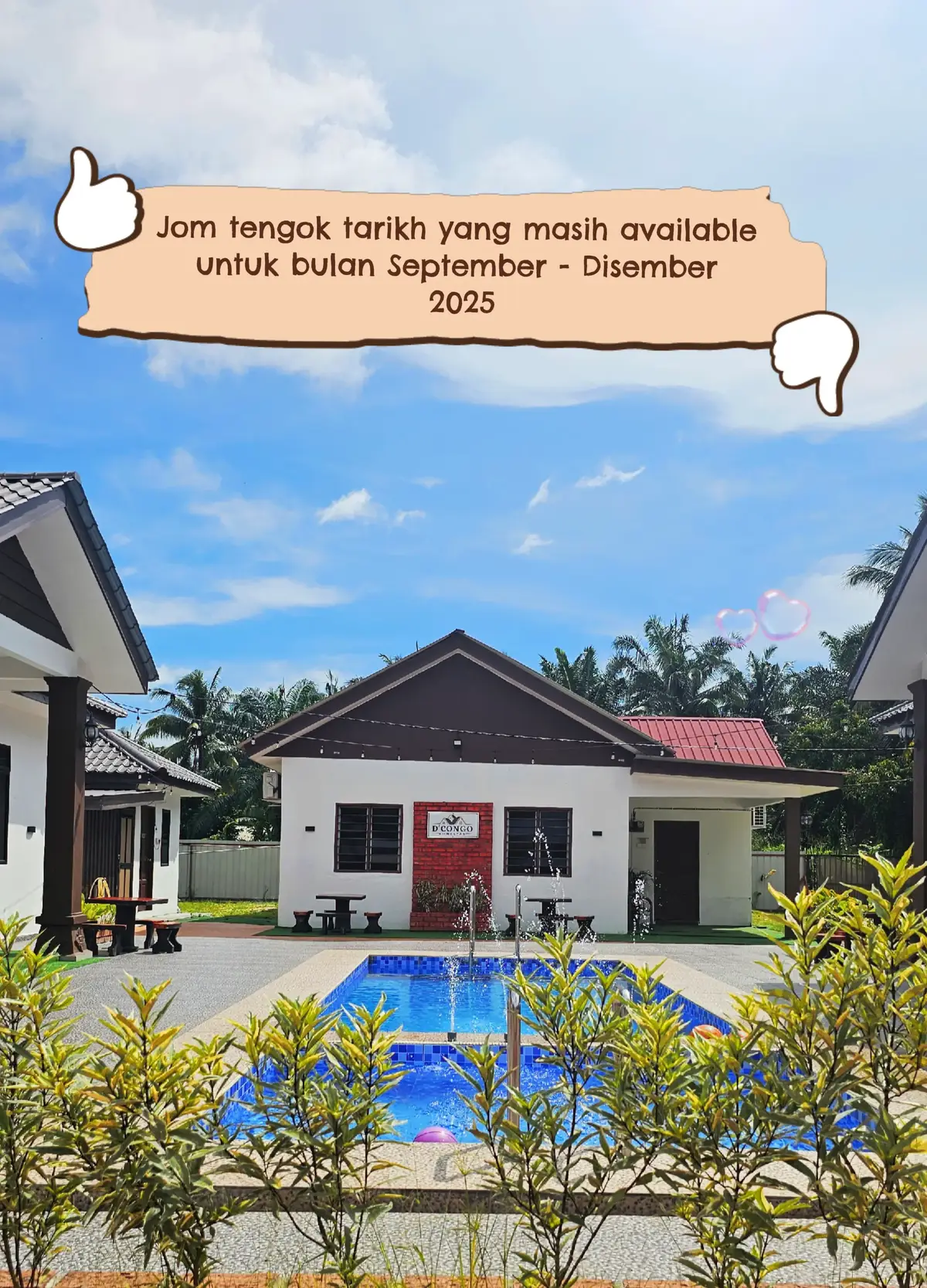 Jom tengok tarikh-tarikh yang masih available dari September - Disember 2025. #fyppppppppppppppppppppp #cutisantaisantai #homestayMuar #homestaymuarpool #homestaykampung 