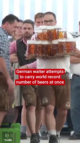 German waiter Oliver Struempfel attempted to carry 31 beer mugs and break a world record. But, sadly for Struempfel, only 17 drinkable beers reached the finish line. He said he plans to attempt to break the record again soon by carrying a whopping 33 mugs. #WorldRecord #Germany #Beer #News