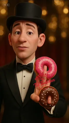 Ein eleganter Gentleman im Fred-Astaire-Stil präsentiert charmant zwei Donuts – den pinken mit Zeige- und Mittelfinger, den braunen mit dem kleinen Finger – in glamourösem Galahintergrund. #PixarStyle #3DArt #ElegantLook #DonutMagic #FredAstaireVibes 