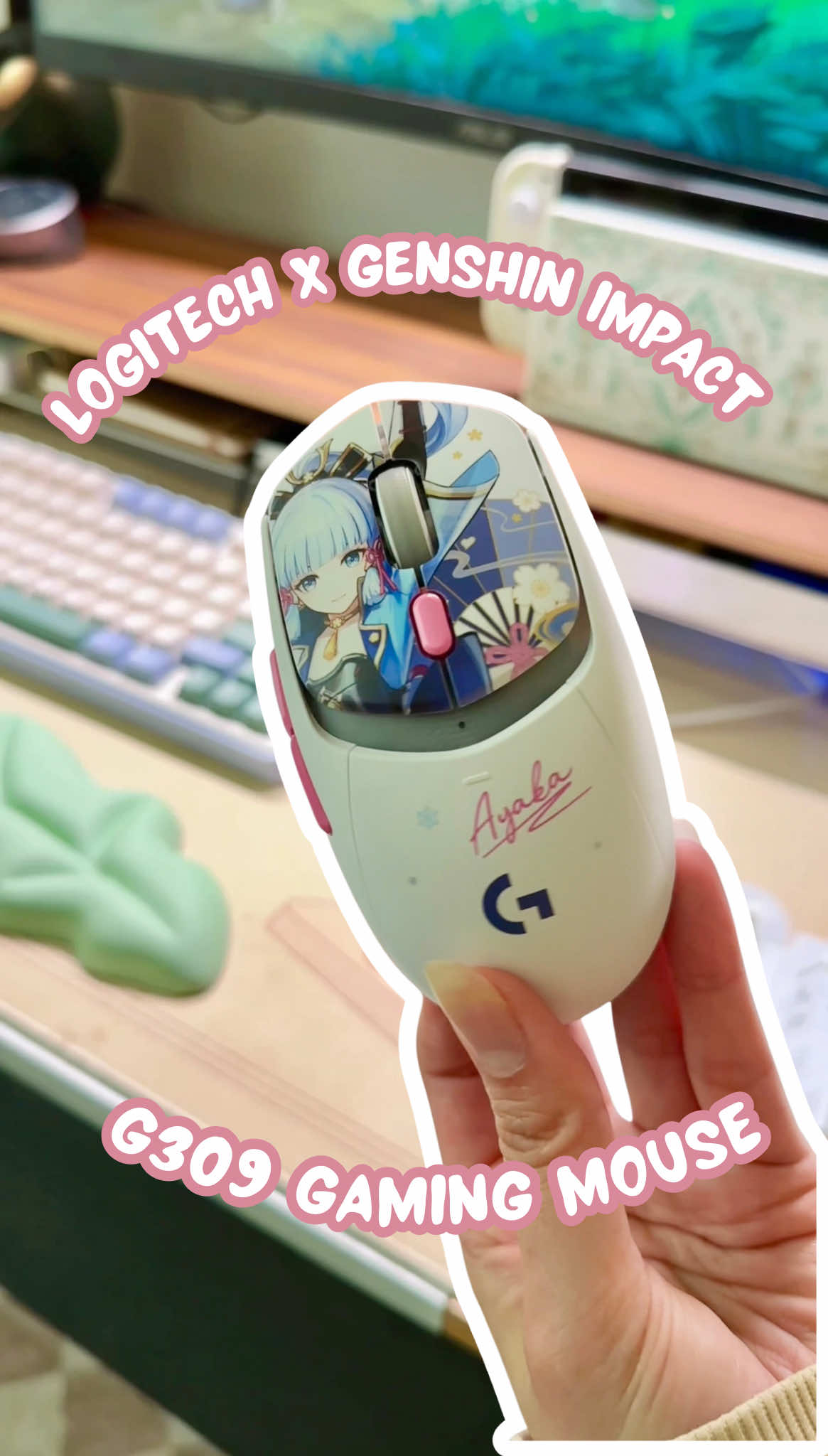 “So this is a day in the life of the Traveler… hehe, I’m learning more about you all the time.” -Kamisato Ayaka 🩵🤍🩷 This adorable mouse from Logitech G was the collab I didn’t know I needed 😍 The G309 is light speed wireless with hybrid optical mechanical switches. 5 onboard memory profiles and used USB-A and Bluetooth #genshinimpactayaka #logitechg #cozygamingsetup #cozygamingcommunity #pcgamingsetup  