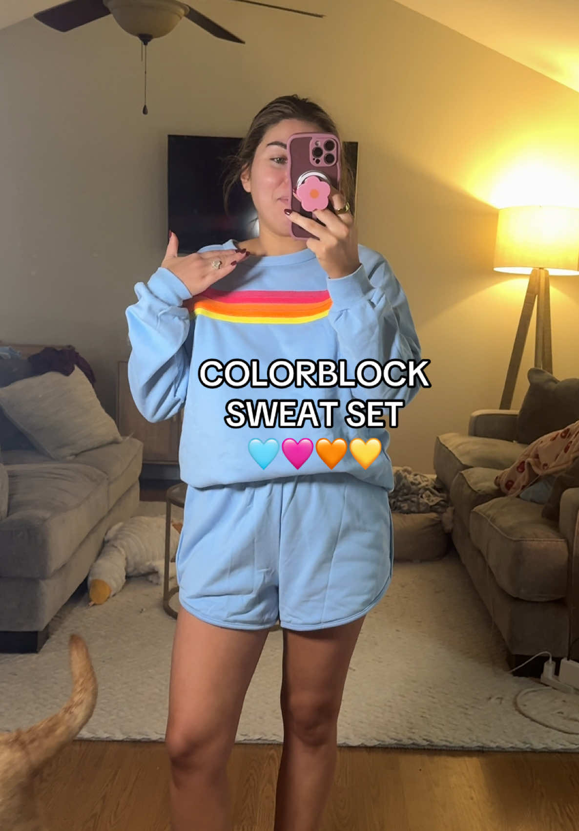 day 2 of trying on my tik tok shop order haul & I’m obsessed with the cute colorblock sweatshirt and shorts set!! So comfy and cute🩵🩷🧡💛 @Mntaor  #matchingset #comfy #fallfashion #fyp #tiktokmademebuyit 