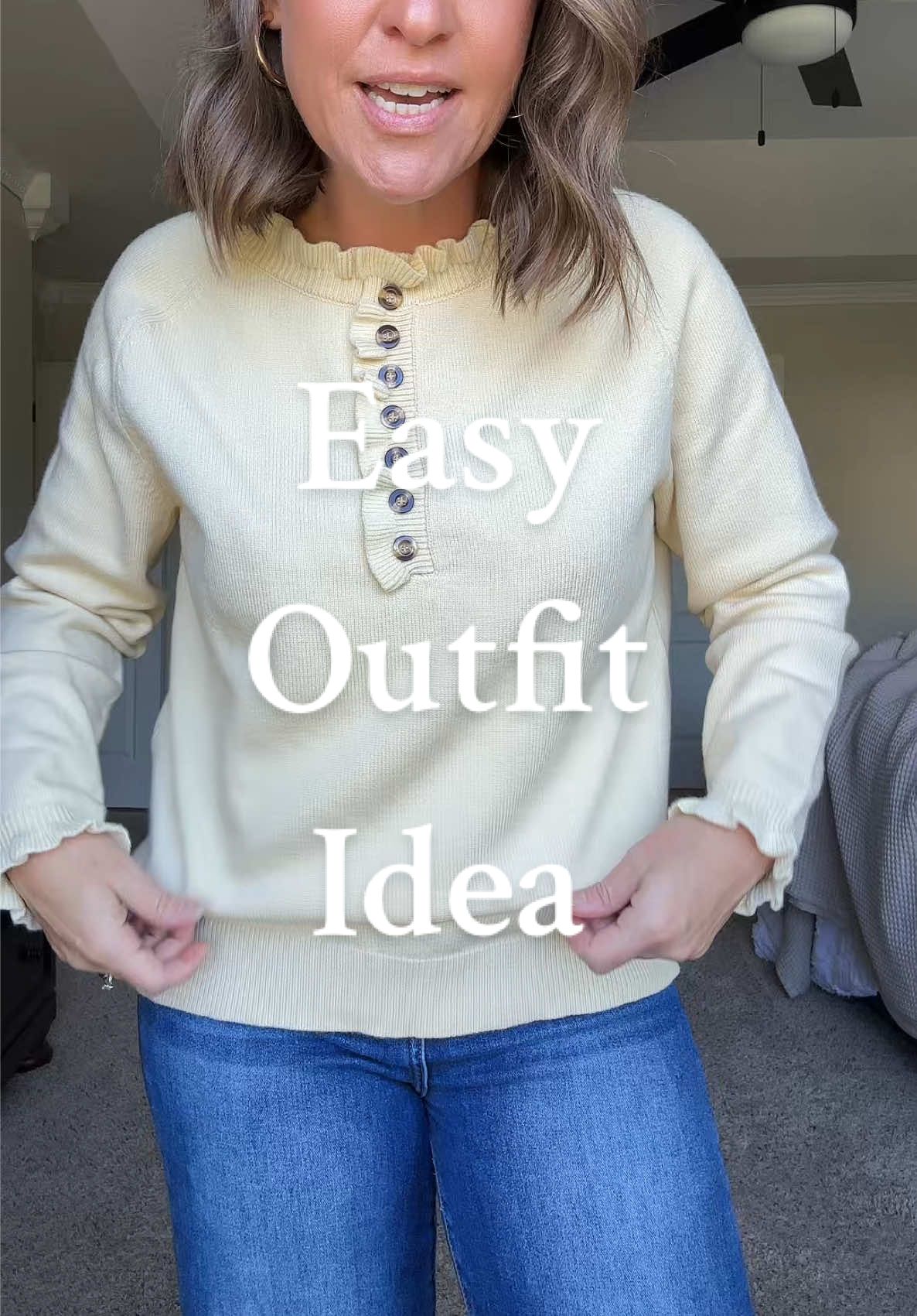 ⏰ When I’m running late and don’t have time to think, this is my go-to look: a ruffle knit sweater, classic jeans, and comfy flats. Easy, effortless, and it always makes me look put together without the stress. 🙌 👉 Perfect for busy mornings, school drop-offs, errands, or casual nights out. If you want an easy outfit idea for women, this combo is mom-life approved and timeless. #easyoutfits #OOTD #womensfashion #fallfashion #casualchic 