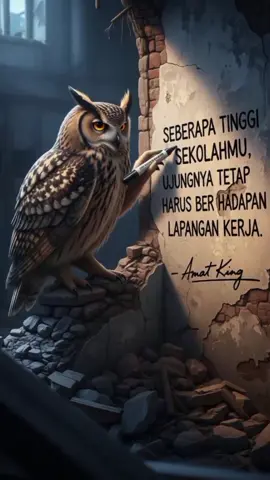 Seekor burung hantu bijak menulis sindiran di tembok gedung tua yang runtuh. Tulisan itu mengingatkan bahwa setinggi apa pun pendidikan, pada akhirnya kita tetap harus berhadapan dengan kenyataan: lapangan kerja. Satir, lucu, sekaligus penuh renungan. – Amat King #BurungHantu #SatirHidup #MotivasiKerja #RealitaHidup #CapCut 