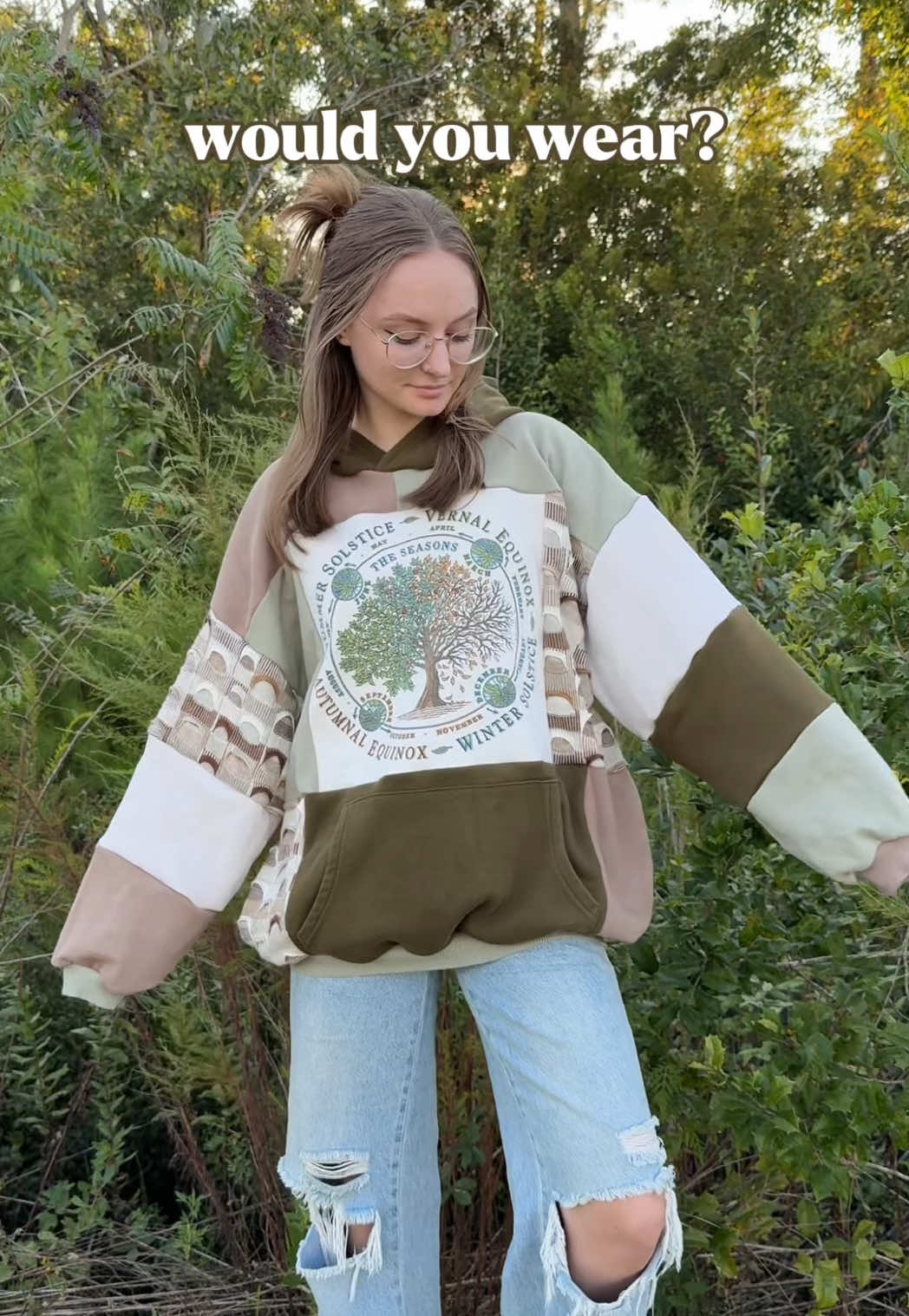 the seasons hoodie 🍂🪾🌿🌳 available now! ✨ #upcycling #sewing #thriftflip 