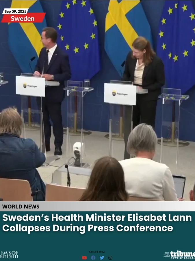 Sweden’s newly appointed Health Minister Elisabet Lann fainted during her first press conference on Tuesday. Footage shows her collapsing just after speaking, with officials rushing to assist. She later returned to the stage, attributing the incident to low blood sugar levels. Lann, formerly a Gothenburg municipal councilor, replaces Acko Ankarberg Johansson, who resigned unexpectedly. The incident has sparked concern online, highlighting the intense pressures of public office and sudden political transitions. Read more news @ www.newsofbahrain.com #NewsofBahrain #news #Bahrain #WorldNews #sweden #caughtoncamera