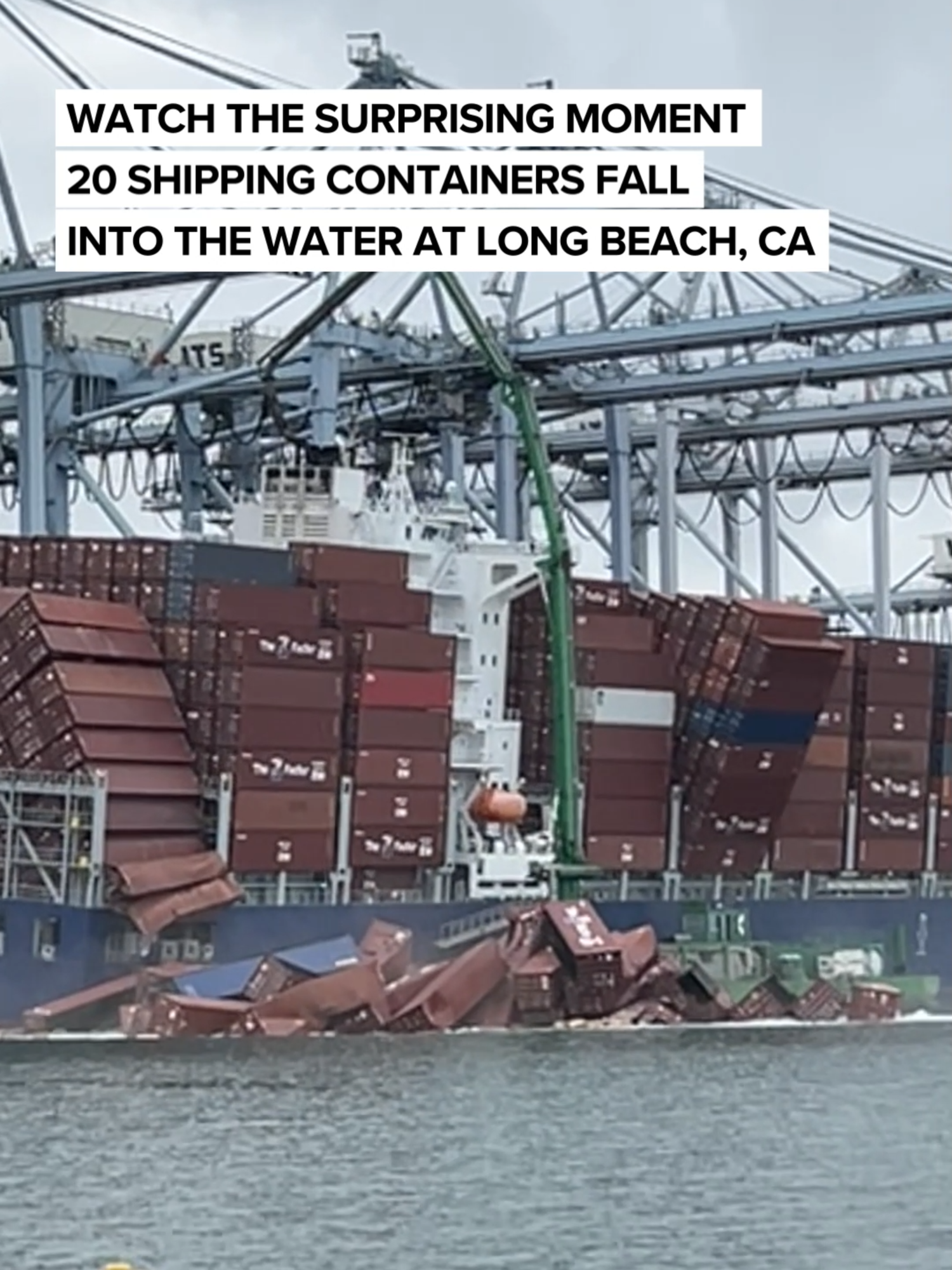 Video shows at least 20 containers falling off a cargo ship into the water in Long Beach, California on Tuesday. And 50 containers collapsed on the vessel, according to The U.S. Coast Guard. Cargo operations have been temporarily suspended at the terminal as responders work to secure the containers. The containers fell from the vessel Mississippi while it was berthed at the Pier G container terminal. The cause of the incident is yet to be determined. No injuries or pollution were reported, port officials said. #shipping #containers #longbeach #fyp #news