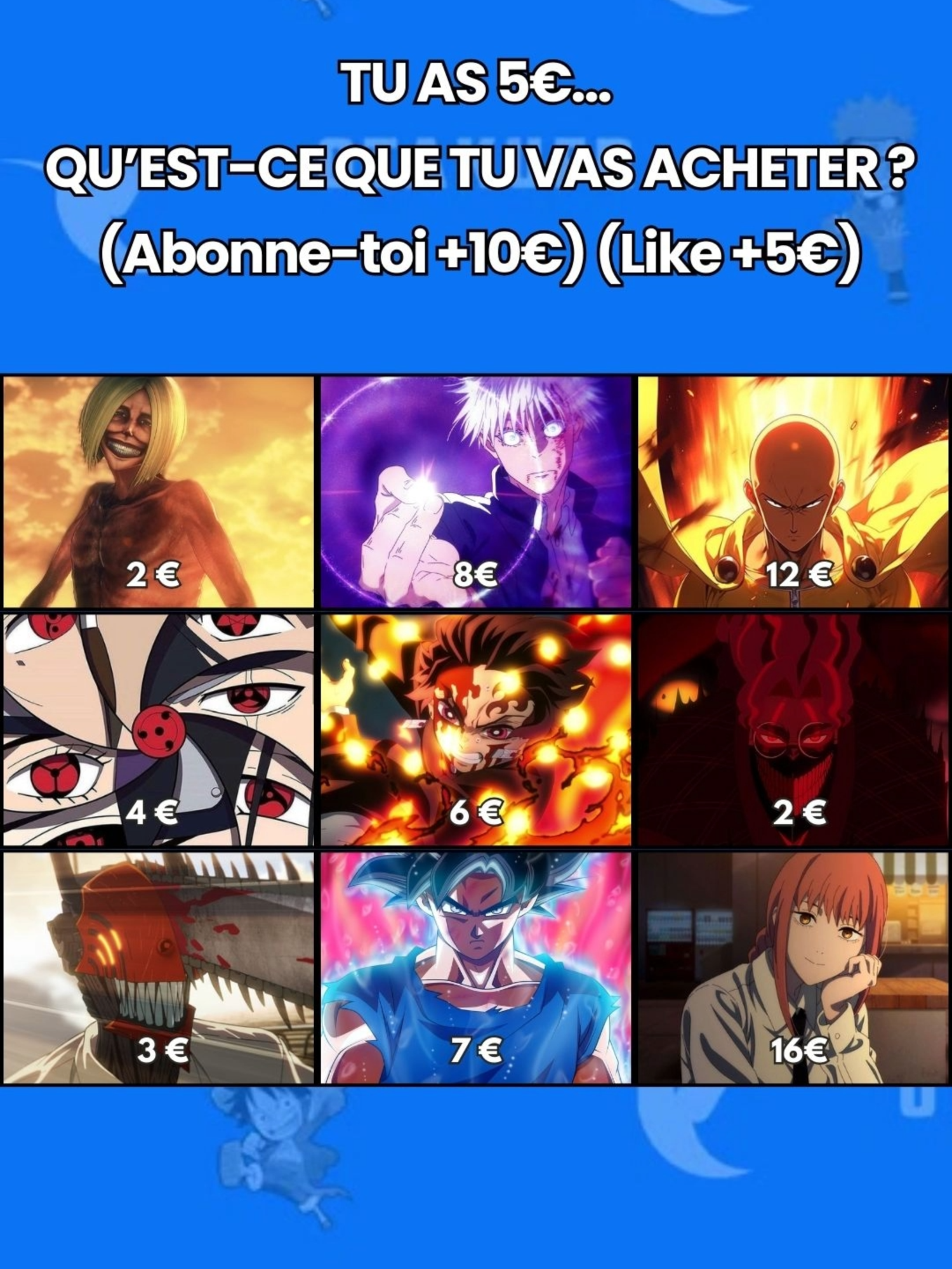 Si tu avais 5€, qui choisirais-tu ? #animeedit #animefyp #anime #pourtoi