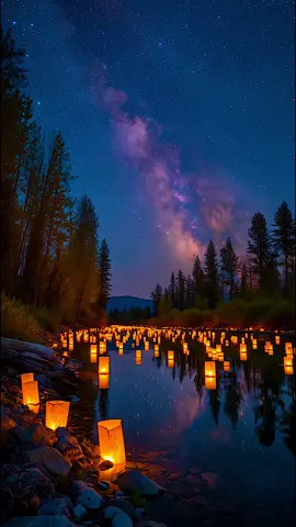 Every lantern carries a wish. 🌌 What wish would you send down this river tonight? #fyp #lanterns #peaceful #dreamscape #ethereal 