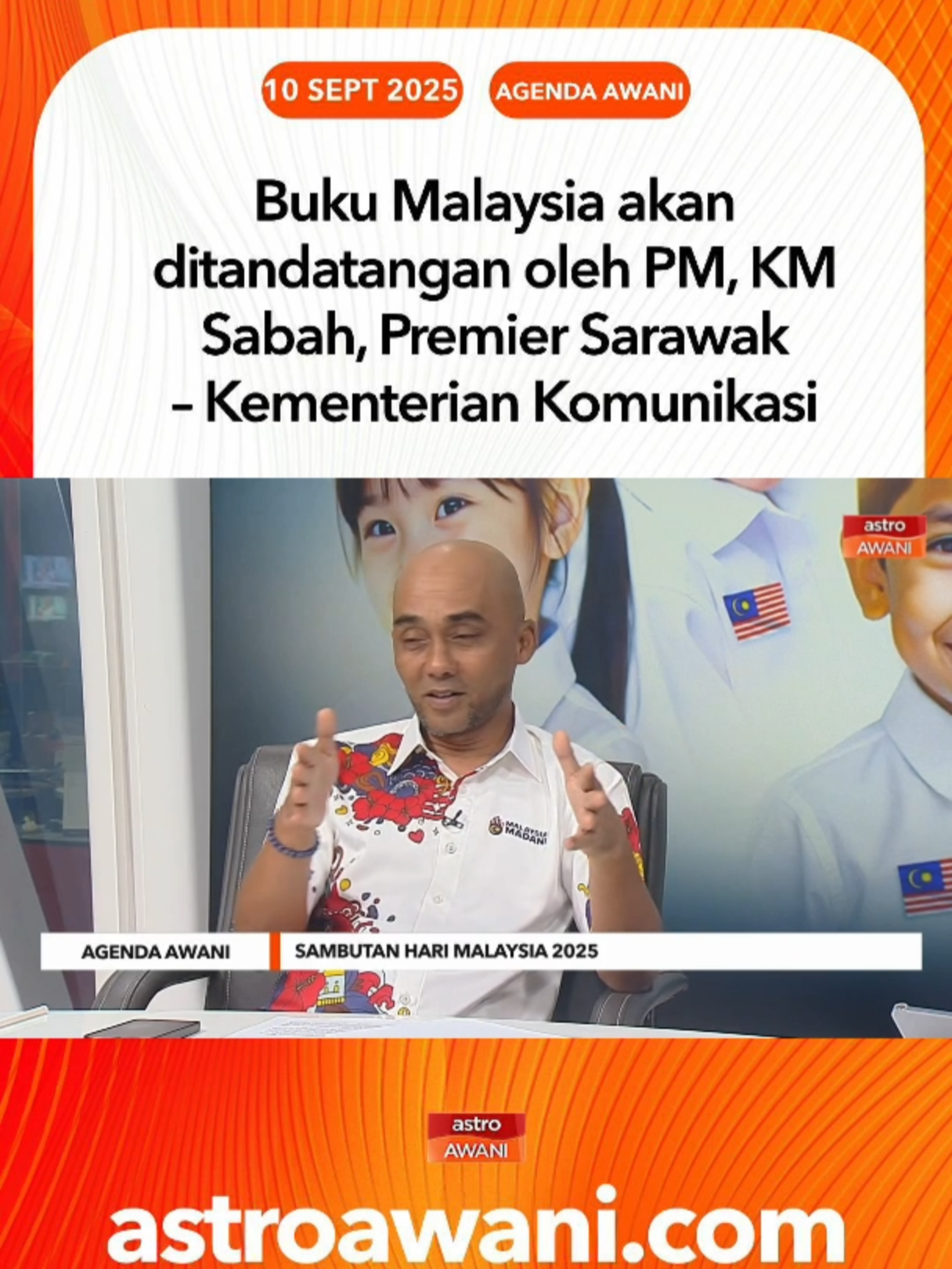Setiausaha Bahagian, Bahagian Kanan (Pengurusan) Kementerian Komunikasi, Mazlan Abdul Mutalib berkata sambutan Hari Malaysia tahun ini akan menampilkan acara simbolik penuh makna melalui acara menandatangani Buku Malaysia. Jelasnya, buku yang menggambarkan penggabungan tiga wilayah itu akan disempurnakan oleh Perdana Menteri, Ketua Menteri Sabah dan Premier Sarawak. #AgendaAWANI