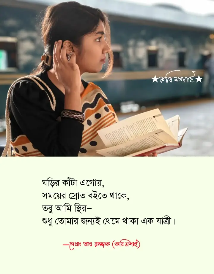 স্টেশনের প্ল্যাটফর্মে বসে, হাতে খোলা বই, চোখে ভেসে যায় অজস্র স্বপ্ন। ট্রেনের শব্দ কানে আসে, তবু তোমার পদধ্বনি খুঁজে ফেরে মন। পাতার পর পাতা উল্টাই, কিন্তু অক্ষরগুলো ঝাপসা হয়ে যায়, কারণ আমার সব মনোযোগ তোমার না-আসা অপেক্ষাতেই থেমে থাকে। ঘড়ির কাঁটা এগোয়, সময়ের স্রোত বইতে থাকে, তবু আমি স্থির— শুধু তোমার জন্যই থেমে থাকা এক যাত্রী। যদি আসো, এই বইয়ের ভাঁজে লুকোনো গল্পগুলো তোমার হাতেই পূর্ণতা পাবে। আর যদি না আসো, এই স্টেশনেই আমি হয়ে থাকব অপেক্ষার আরেকটি নাম। —লেখা: আঃ রাজ্জাক (কবি মশাই) #abdur_razzak_kobi_moshai #কবি_মশাই 