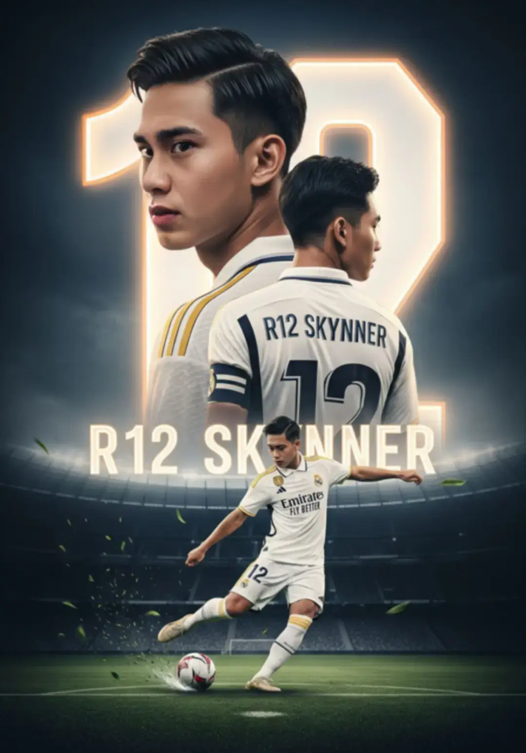 4 R 🔥🔥😎🤙⚽🥰 1.Buka Aplikasi Gemini atau Web(Google Gemini)📱 2.Unggah Foto 📸 3.Masukan Prompt 👇  Poster olahraga sinematik ultra-realistis menampilkan seorang pemain sepak bola profesional muda dengan seragam kandang Real Madrid 2025, nomor 12, bernama 'R12 SYKNNER'. Komposisi ini menampilkan tiga perspektif: potret close-up dramatis dengan ekspresi intens, tampak belakang yang menampilkan nama dan nomor seragam, dan aksi seluruh tubuh yang dinamis menendang bola dengan gerakan bertenaga, rumput beterbangan. Latar belakang: stadion sepak bola modern dengan pencahayaan dramatis yang redup, efek lampu sorot yang menyinari pemain. Angka '12' besar yang bersinar dengan gaya neon di belakangnya. Tipografi nama 'R12 SKYNNER' dengan huruf tebal yang bersinar di bagian tengah. Suasana sinematik, kontras tinggi, detail tajam, kedalaman bidang, desain bergaya poster, estetika branding olahraga, aksen cahaya keemasan, suasana epik dan inspiratif. 