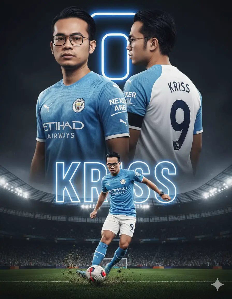1. Instal Google Gemini 2. Pilih foto kamu yg akan di edit 3. Copy paste pront dibawah,kamu tinggal ganti nama,no punggung dan club jersey PRONT : Create a cinematic professional football (soccer)poster featuring [refer image]. Keep the original face, hair, shape, and angle exactly as in the image. Show the person in three perspectives: a close-up portrait with a Manchester City jersey, a side profile view wearing a white manchesrer city football jersey in the back name Kriss, and a full-body shot in full football kit (jersey mancheater city, shorts,socks, and cleats) with sponsor logos. At the bottom, place a dynamic action scene of the player performing a powerful kick with a football, with motion blur and flying grass around. The jersey must clearly display the number 9 on the front, back, and shorts. Use a bold dark grey stadium background with a large number 9 dan name 'KRISS' glowing behind the character.The overall style should be ultra-realistic, highresolution, cinematic, and professional sports poster vibes. #gemini #ai #timnas #manchestercity #cinematic 