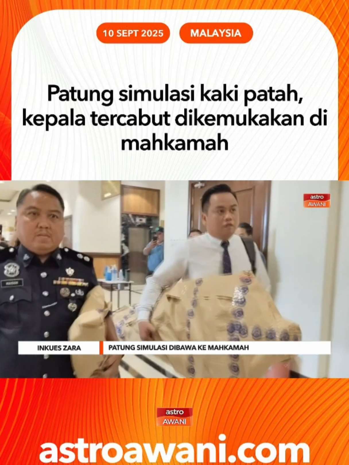 Patung yang digunakan bagi membuat simulasi untuk menggambarkan keadaan Allahyarham Zara Qairina Mahathir yang dikatakan jatuh dari tingkat tiga bangunan asrama sebuah sekolah di Papar, dibawa pada prosiding inkues di Mahkamah Koroner di Kota Kinabalu, Sabah. #AWANInews