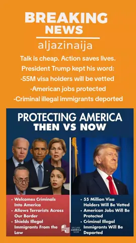 Talk is cheap. Action saves lives. President Trump kept his word: -55M visa holders will be vetted -American jobs protected -Criminal illegal immigrants deported 👉 Thank him for defending America: .