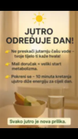 🌞 Dobro jutro ekipa! Dan počinje od malih stvari – čaša vode, par minuta kretanja i lagan doručak. Tvoje tijelo ti uvijek vraća ono čime ga nahraniš. 💚 👉 Danas napravi izbor za sebe – zdrava hrana, kretanje i osmijeh. #jutro #zdravzivot #budifitzdrav #energija