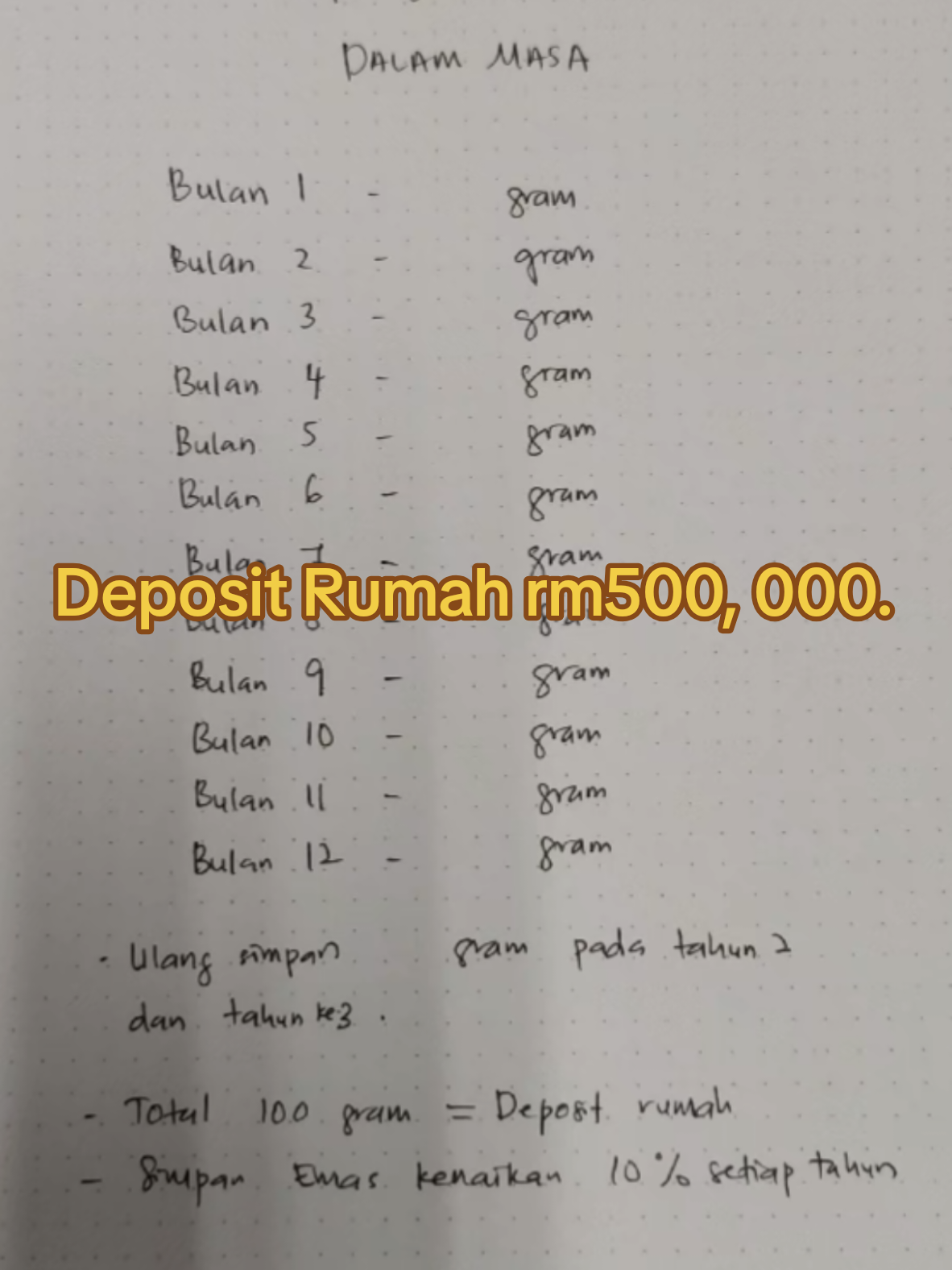 Buat simpanan 100 gram selama 3 tahun secara konsisten dapat keluarkan rm52, 000 sebagai deposit rumah. Untuk mengurangkan tahun bayaran rumah, buat simpanan lagi 3 tahun untuk kurangkan tahun bayar loan rumah.  #MisiUbahHidup1000Keluarga  #umiegold_g100 #g100network  #loanrumah #nabung500ribu 