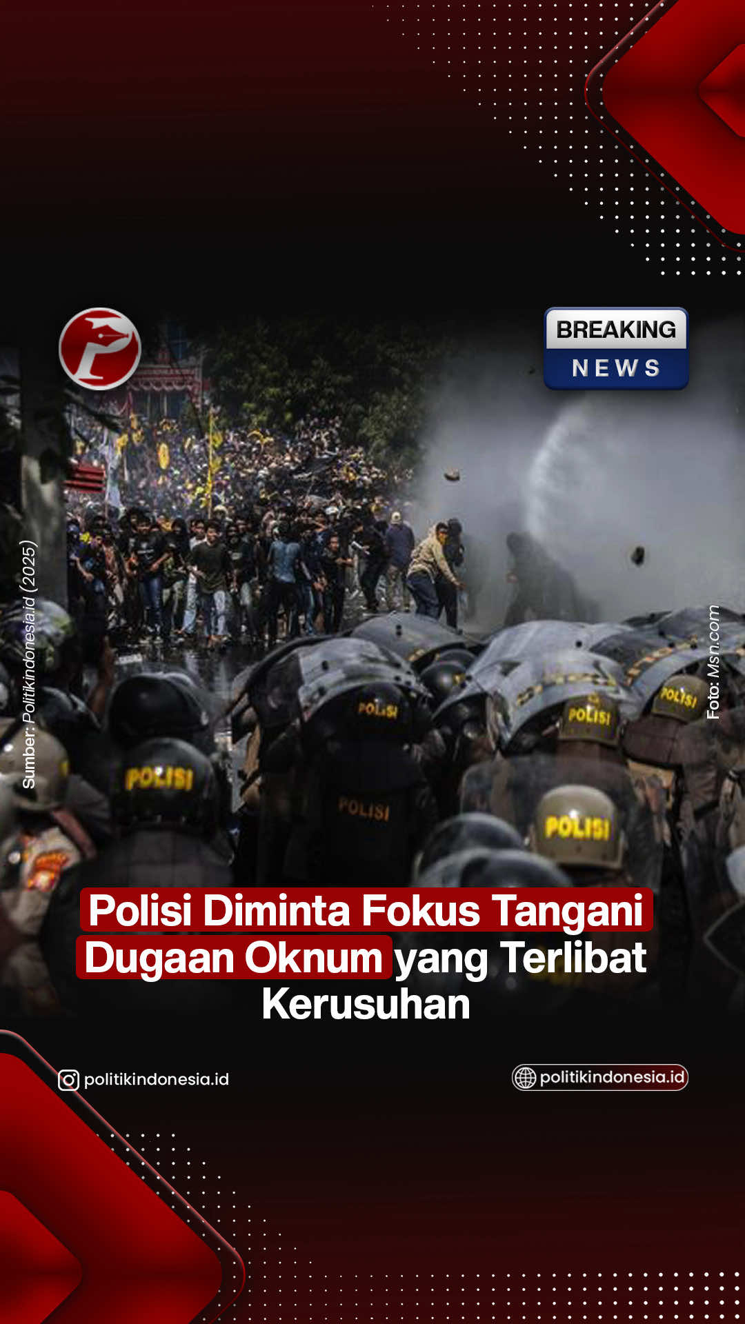 Koalisi Masyarakat Sipil yang terdiri dari Imparsial, Raksha Initiatives, Centra Initiative, DeJuRe, Koalisi Perempuan Indonesia, HRWG, PBHI, Asosiasi LBH APIK, dan Setara Institute meminta kepolisian harus fokus menangani kasus kerusuhan dengan mendalami dugaan adanya keterlibatan oknum tertentu yang terencana. “Adanya informasi awal atau data-data yang mencuat di ranah daring dan luring seharusnya digunakan oleh penegak hukum untuk memulai penyelidikan,” demikian pernyataan Koalisi Masyarakat Sipil dalam keterangan resminya di Jakarta, Selasa (9/9/2025). Selain itu, Koalisi Masyarakat Sipil juga menyayangkan keterlibatan TNI dalam pemantauan aktivitas ruang siber. Baca berita selengkapnya di https://www.politikindonesia.id/koalisi-masyarakat-sipil-minta-polisi-fokus-tangani-dugaan-keterlibatan-oknum-di-kerusuhan