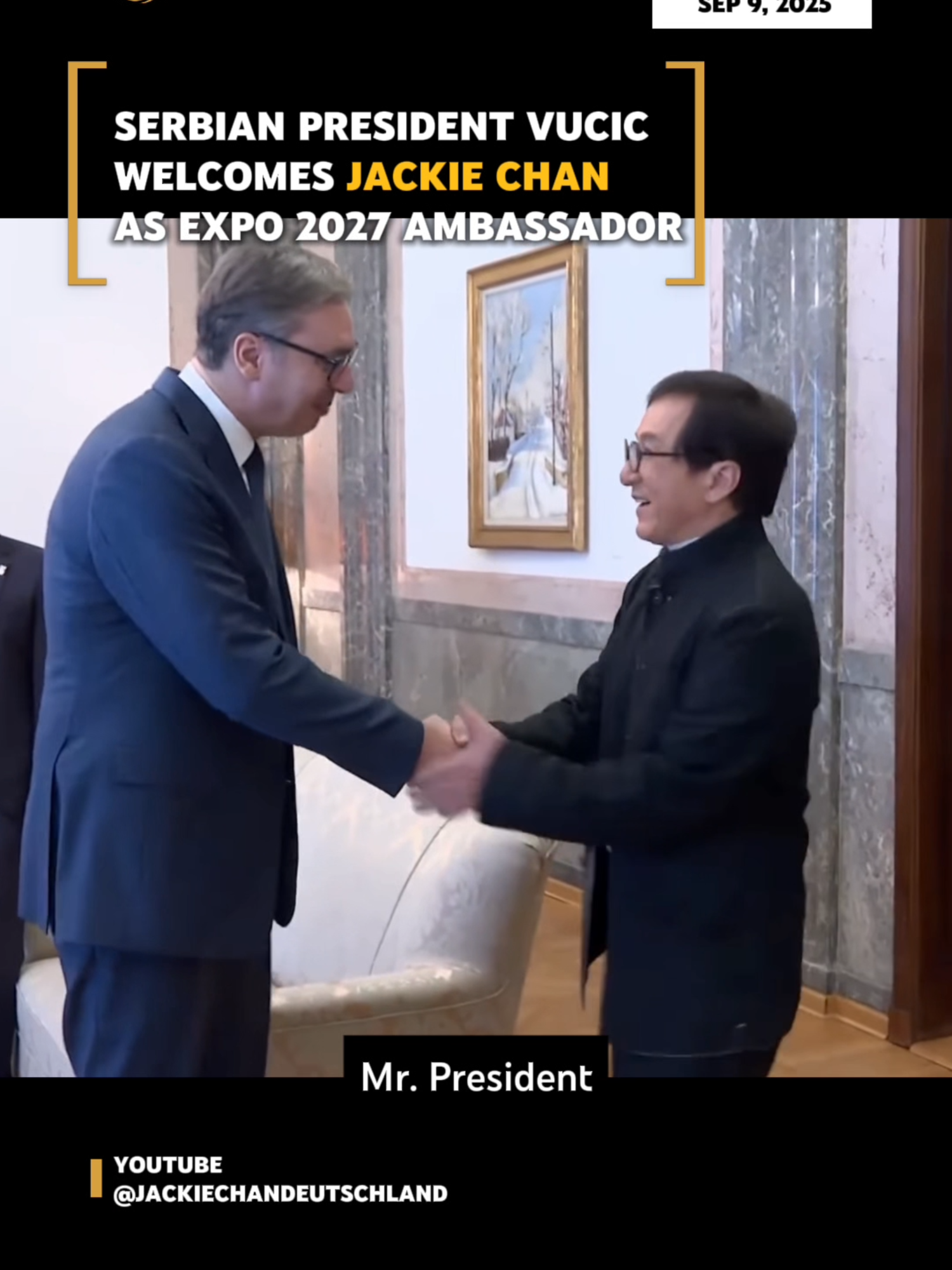 Serbian President Aleksandar Vucic announced Tuesday that martial arts film star Jackie Chan has been appointed a brand ambassador for Expo 2027 in Belgrade. Vucic shared photos of their meeting on social media and hailed Chan as 