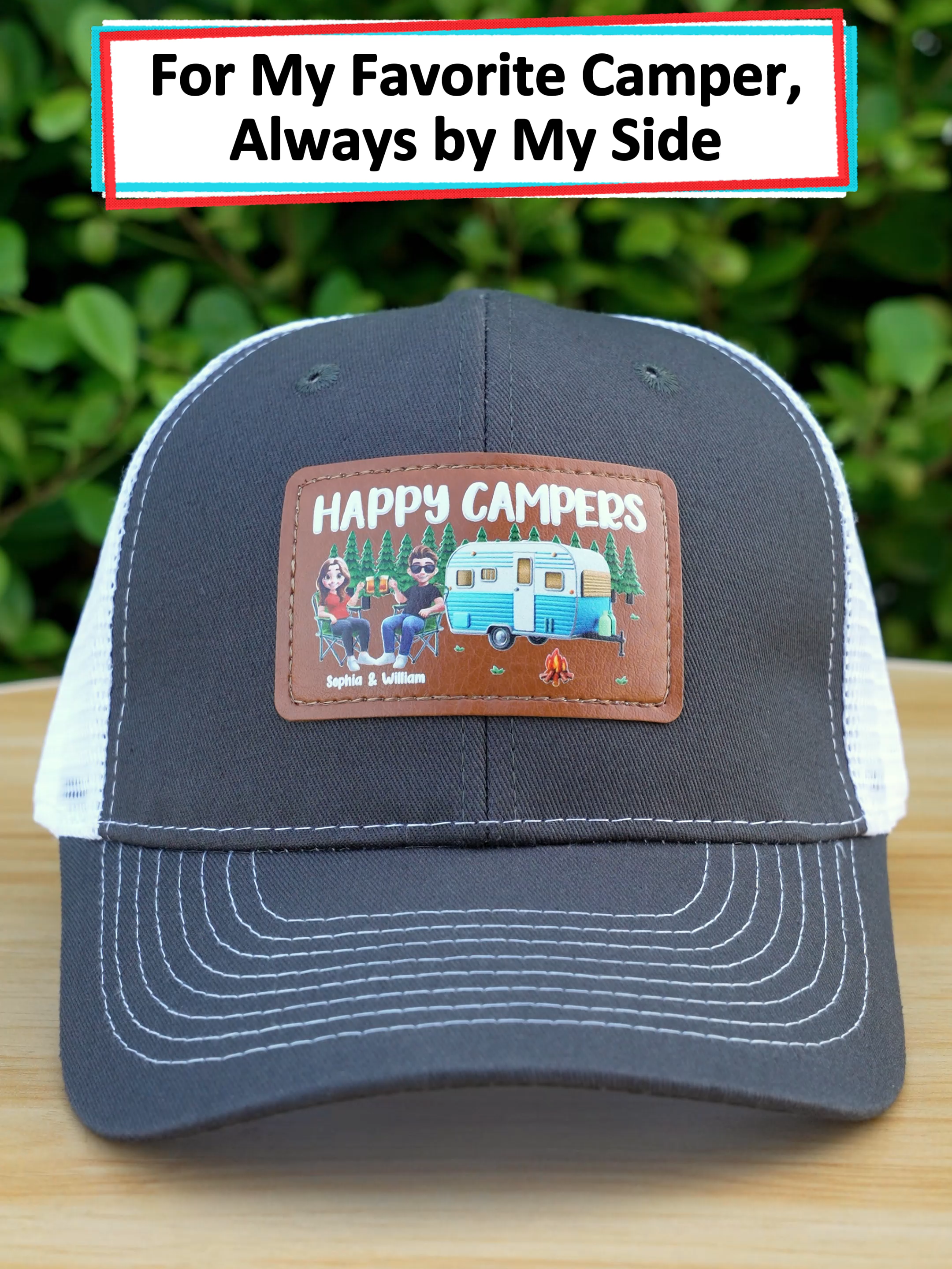 Custom with names, this personalized leather hat is a great way for camping couples to show their love on adventures 🏕️❤️ #wanderprints #personalized #gifts #camping #couples