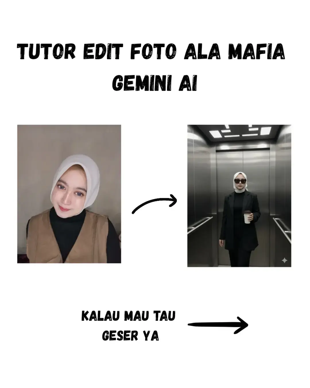 edit foto itu menjadi berdiri santai di dalam lift bergaya modern dengan dinding logam reflektif. ia mengenakan outfit serba hitam: blazer oversize, dan celana panjang. berhijab, memakai kacamata hitam, dan memegang secangkir take-away. gaya elegan dan edgy degan nuansa misterius. pencahayaan redup dari lampu neon di langit-langit menciptakan bayangan halushalus #CapCut #trendai #kuyfotostudio #fypシ゚ 