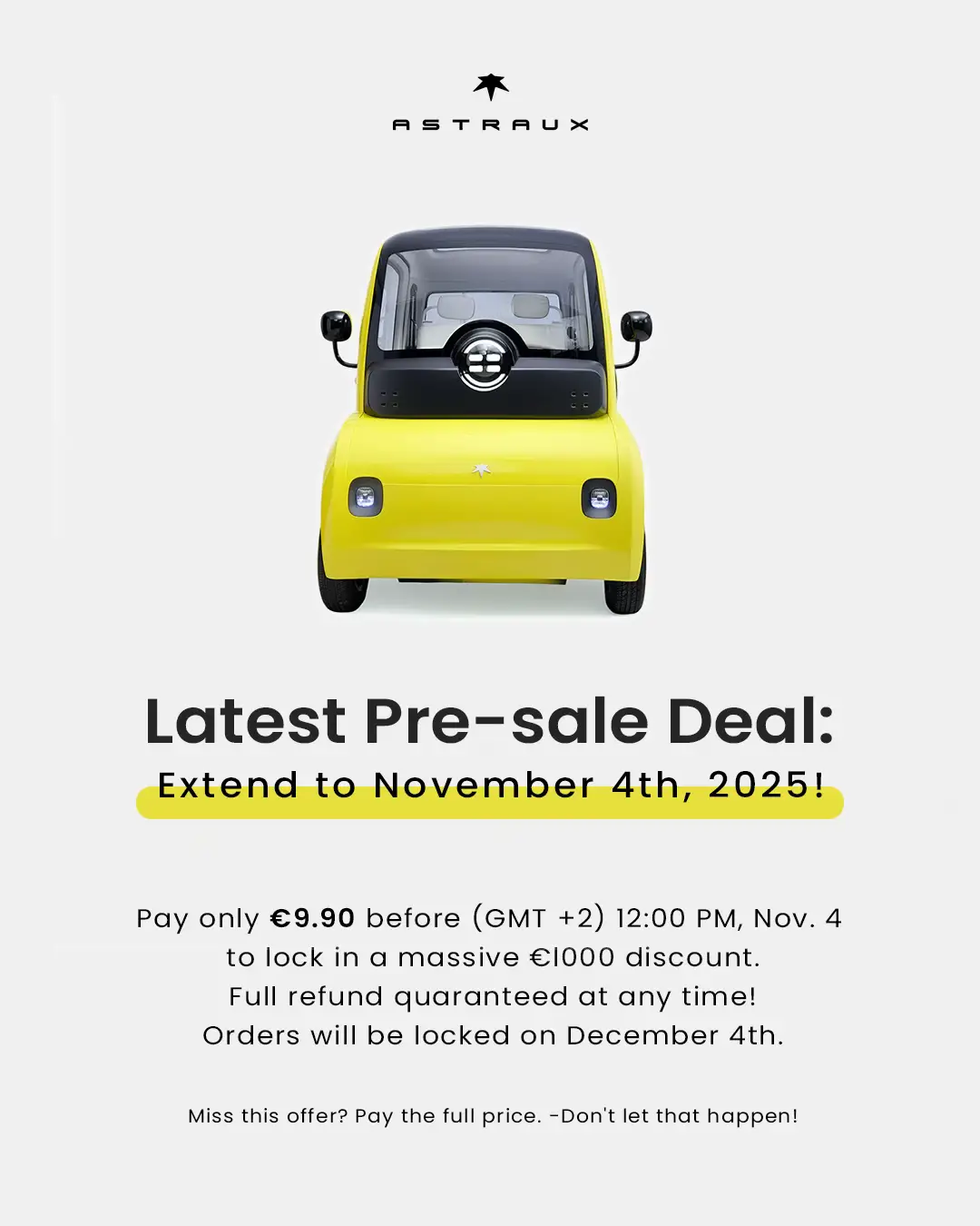 A massive THANKS for the incredible response to our launch. It blew us away! We're extending our pre-sale deal till Nov 4th!  AND, we're fully restocked, check now :   🌟 Exclusive Early-Bird Deal EXTENDED until Nov 4! 🔥 ASTRAUX AL7 → €7,990 (save €1,000) 🔥 ASTRAUX AL6 → €5,990 (save €1,000) Join thousands across Germany, France, Italy & Spain already pre-ordering their ASTRAUX rides. Be part of the movement. ✨ The product prices on the official website and AliExpress will return to the original price on November 4. ⏰ Hurry up — Nov 4 is closer than you think! ⏳ Stock has been replenished for all products, and orders can now be placed on both our official website and AliExpress. For details, please visit our official website & shop now: https://astra-ux.com https://www.aliexpress.com/store/1105058561 https://www.aliexpress.com/store/1105052349 https://www.aliexpress.com/store/1105002600 #ElectricVehicles #electricvehicles #electricvehiclesonly #electricvehiclesindia #electricvehiclesarethefuture #EVLife #evlife #EVLifestyle #evlifestyle #electriccar #electriccars #electriccarcharger #electriccarforkids #electriccarcharging #electriccarsarethefuture #FutureOfMobility #futureofmobility #Tech #techy #techie #technews #TechDeals #technology #TechInnovation #technicalanalysis #futuretech #futuretechnology #futuretechnician #FutureTechLeaders #futuretechleaders 