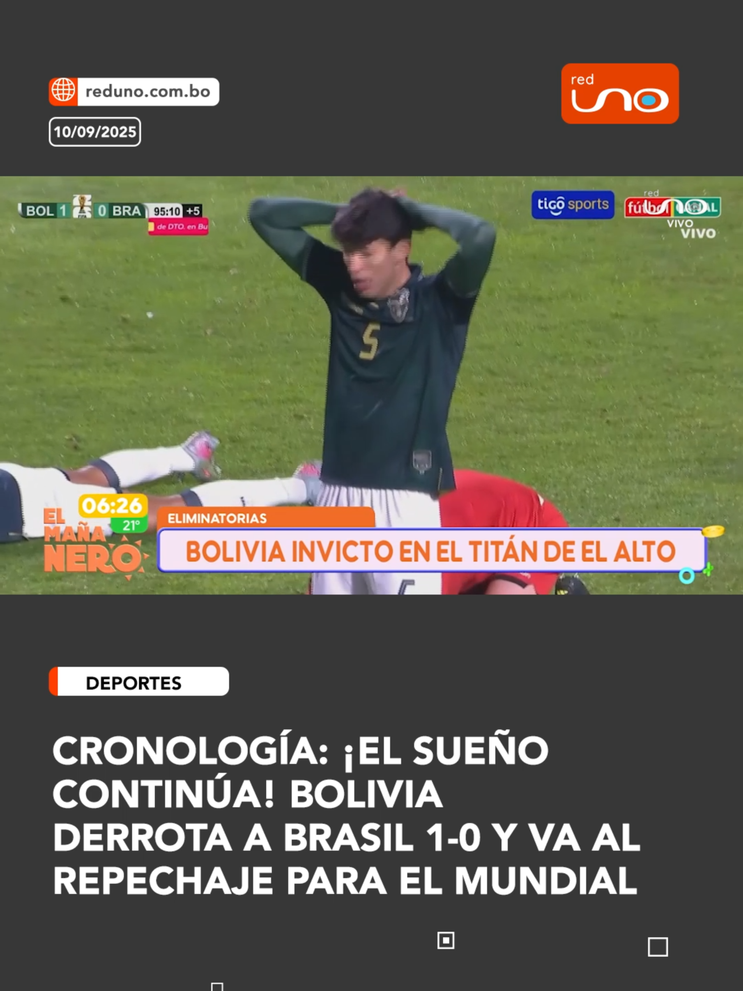 #Deportes I En una noche inolvidable y a más de 4.000 metros de altura, Bolivia logró una hazaña histórica al vencer por 1-0 a Brasil en el Estadio Municipal de El Alto, asegurando su clasificación al repechaje intercontinental rumbo al Mundial 2026. ▶️ Más información en www.reduno.com.bo #RedUno #RedUnoDigital #Bolivia #Notivision