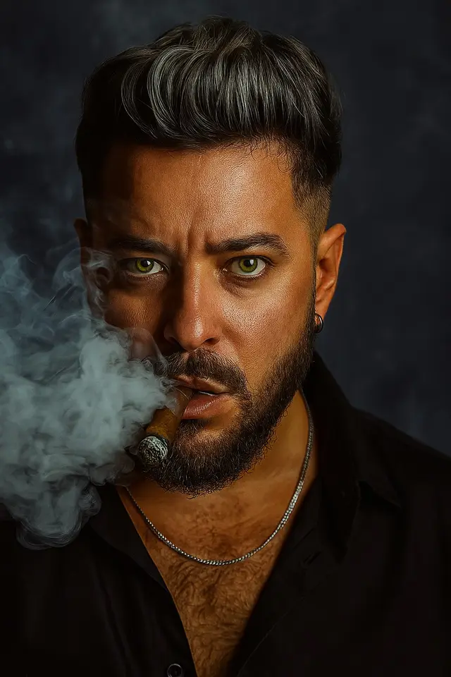 Use 100% of the face above the uploaded photo and create a close-up, studio-style portrait in 8k. He's smoking a cigar, exhaling smoke from his mouth, which covers much of the image. He's wearing an open black shirt with a thin silver chain around his neck.#photography #prompt #iasora #chatgpt 