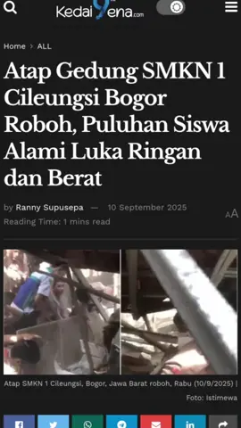 Atap Gedung SMKN 1 Cileungsi Bogor Roboh, Puluhan Siswa  Alami Luka Ringan dan Berat KedaiPena.com – Atap sekolah SMK Negeri 1 Cileungsi roboh di kala jam belajar mengajar, mengakibatkan puluhan siswa mengalami luka ringan dan berat. Kapolsek Cileungsi, Kompol Edison menjelaskan bahwa atap sekolah roboh sekitar pukul 09.10 WIB, kala para peserta didik sedang belajar. “Bangunan atap sekolah yang ambruk berukuran 5 x 15 meter. Terdiri atas empat ruangan yang dipergunakan untuk kegiatan belajar mengajar siswa-siswa SMKN Cileungsi,” kata Kompol Edison pada awak media, Rabu (10/9/2025). Ia menyampaikan ruangan yang mengalami atap yang roboh di antaranya dua ruangan kelas 10, ruangan kelas 11 dan ruangan aula kelas 12. Menurutnya, atap tersebut roboh akibat konstruksi baja ringan penahan genteng yang tidak kokoh dan tidak kuat menahan beban genteng. Selengkapnya:  https://www.kedaipena.com/atap-gedung-smkn-1-cileungsi-bogor-roboh-puluhan-siswa-alami-luka-ringan-dan-berat/ #kedaipena  #kedaipenadotcom  #kedaikreatif 