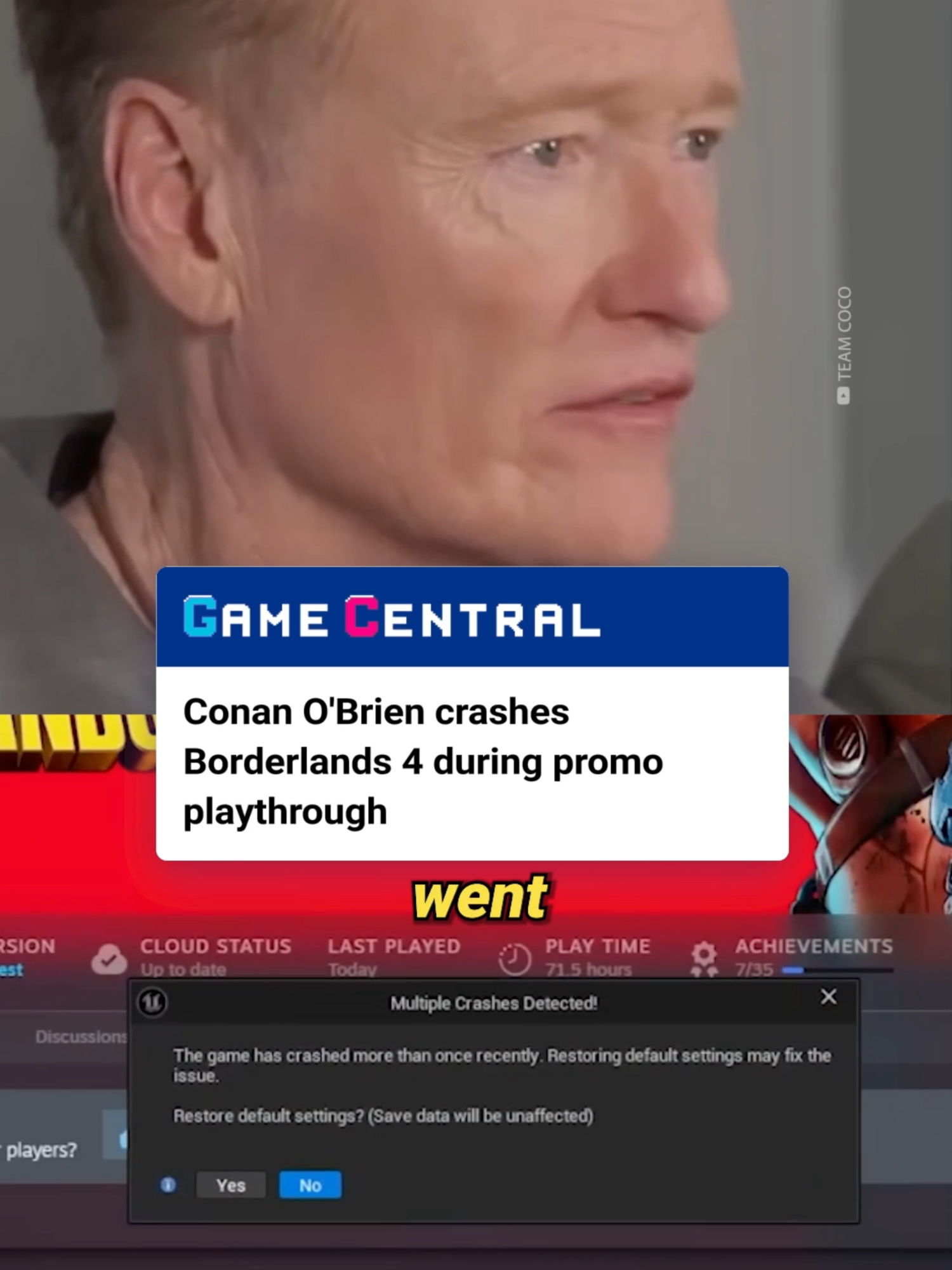 Conan O'Brien, a man not known for his gaming skills, tried out the upcoming game Borderlands 4 via Steam... where it proceeded to crash. If you zoom in on the error message, it seems it wasn't for the first time... The team were quick to parse blame onto his co-host Aaron Bleyaert, who had just fiddled with the settings before the crash. #borderlands4 #borderlands #conanobrien #gearboxsoftware #gamingnews