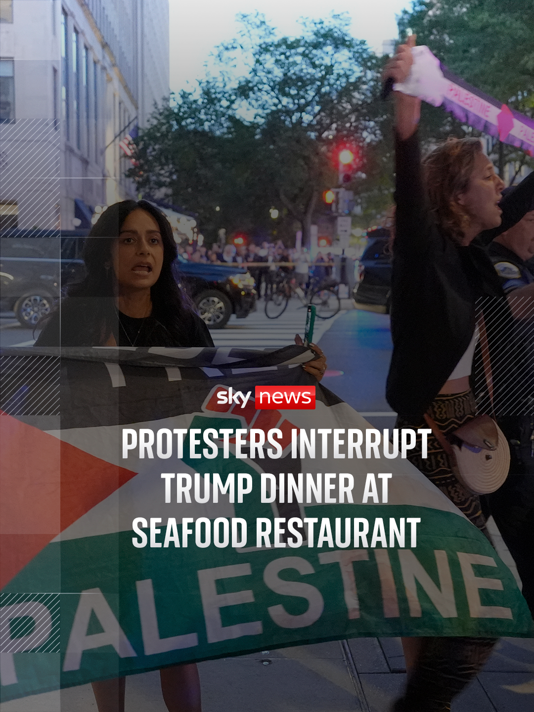Protesters shouted 'Free DC! Free Palestine!' at a seafood restaurant near the White House as U.S. President Donald Trump arrived for dinner. #SkyNews #donaldtrump #US