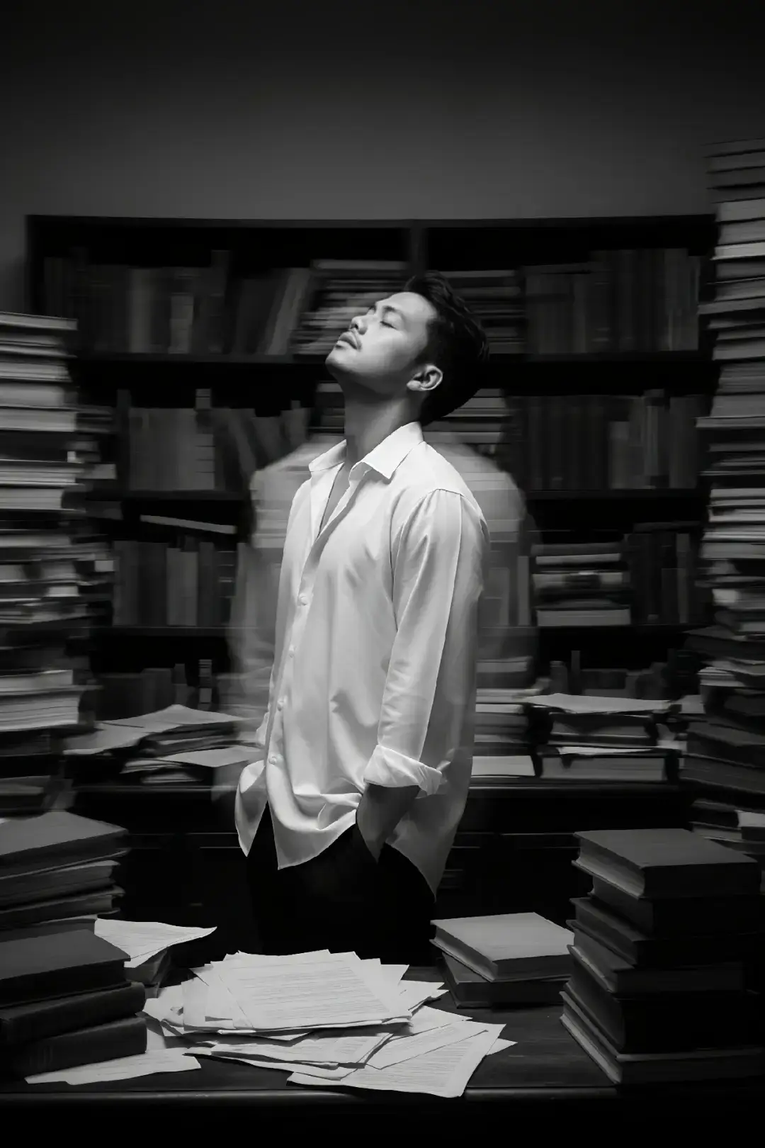 Gemini Prompt slide 1 Convert this image into a Fine black and white photography of a handsome young man (using uploaded image) with dark, his head tilted back in a moment of intense creative thought or ecstasy. He is wearing a loose white collared shirt, standing in a dimly lit study filled with stacks of books and papers. The image is captured with a slow shutter speed, creating dramatic horizontal motion blur that streaks the background and the edges of his form, and super realistic. Prompt slide 2: [Peran] Bertindak sebagai seorang fotografer potret ( potrait photographer ) dengan gaya vintage. [Konteks] Saya ingin menghasilkan foto polaroid instan yang menampilkan seorang pria dengan menggunakan foto yang saya upload. [Tugas] Buatkan sebuah foto potret pria menggunakan foto yang saya upload. Pria tersebut mengenakan kaos polos berwarna hitam. Ekspresi wajahnya netral, sddikit tersenyum atau 