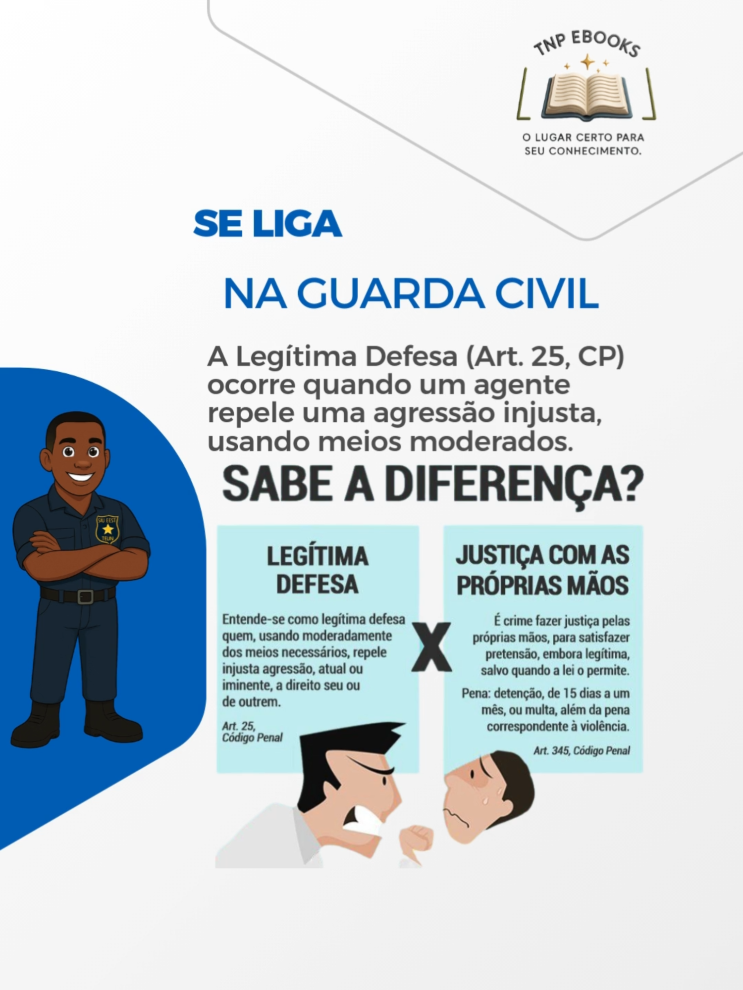 ✨ Hoje é quarta-feira! Hora de falar sobre a profissão de Guarda Civil Municipal (GCM). 🚔 📚 Quer se aprofundar? Acesse nosso site ou entre em contato e descubra nossos Ebooks exclusivos voltados para GCM e concursos. A Legítima Defesa está prevista no Art. 25 do Código Penal e também é aplicada ao trabalho da Guarda Civil Municipal (GCM). 🚔 ➡️ O que é? É o direito de repelir, de forma moderada e proporcional, uma agressão atual ou iminente, contra si ou contra outra pessoa. 🔹 Exemplo prático: Se um GCM é atacado durante uma ocorrência e usa força necessária para conter a agressão, ele pode estar amparado pela legítima defesa. 📌 Mas atenção: ⚠️ Exageros ou abusos podem descaracterizar a legítima defesa e gerar responsabilização. 👉 Legítima defesa não é vingança, é proteção! 👉 1 a cada 10 guardas acabam sendo penalizados por uso exagerado da força. 🛡️ Um bom GCM precisa ter controle emocional e entender a diferença entre: ✔️ Legítima Defesa → proteção proporcional e moderada. ❌ Justiça com as próprias mãos → abuso, excesso e punição certa. #guardacivilmunicipal #concursogcm #segurançapublica #concursopublico