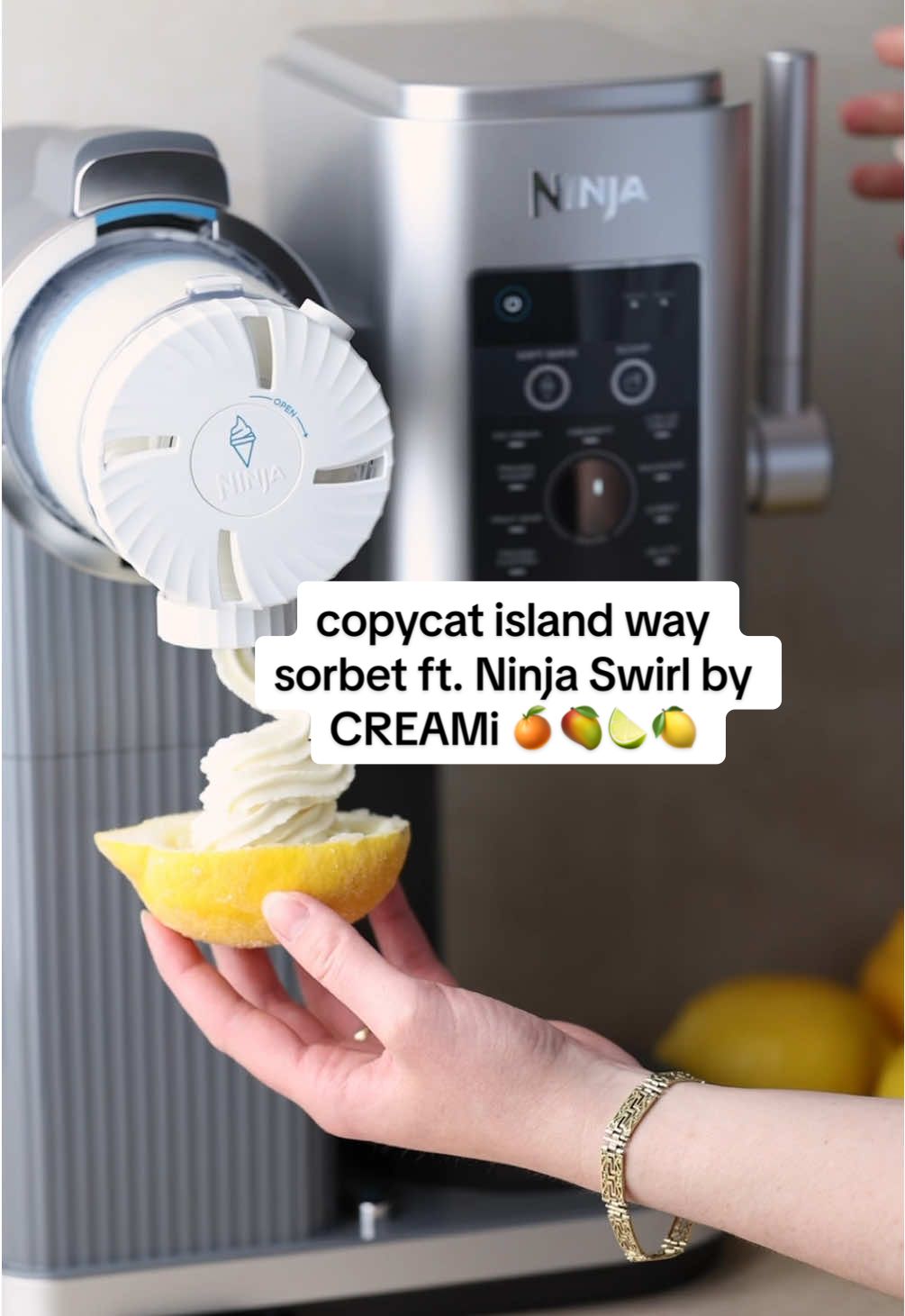 Copycat island way sorbet ft. the Ninja Swirl™ by CREAMi® #NinjaPartner I created four copycat recipes for creamy fruit whip “sorbet” served in real fruit shells that stacks up to the store bought kind and is even more fun because you get to pull the lever on the machine!!  RECIPES: 🍋 lemon cream 🍋 3 lemons, insides separated from rinds 1 lemon, zested 150g sweetened condensed milk pinch of kosher salt 1 tsp vanilla extract ¾ cup water Blend lemon insides, lemon zest, sweetened condensed milk, kosher salt, vanilla extract and water. Strain into Ninja freezer container. Freeze 24 hours. Insert into machine and process under Soft Serve: Fruit Whip. Taste and add more sweetened condensed milk, if needed. Respin, if needed. Swirl into lemon rinds. 🍊 raspberry orange 🍊 200g raspberries 2 oranges, insides separated from rinds 1 orange, zested 100g sweetened condensed milk ¼ cup water Blend raspberries, orange insides, orange zest, sweetened condensed milk and water. Strain into Ninja freezer container. Freeze 24 hours. Insert into machine and process under Soft Serve: Fruit Whip. Taste and add more sweetened condensed milk, if needed. Respin, if needed. Swirl into orange rinds. 🍑 peach mango 🥭 150g peaches, ripe, peeled, pitted 150g mango, ripe, peeled, pitted 100g sweetened condensed milk Blend peaches, mango and sweetened condensed milk. Pour into Ninja freezer container. Freeze 24 hours. Insert into machine and process under Soft Serve: Fruit Whip. Respin, if needed. Swirl into peach or mango rinds. 🍉 watermelon lime 🍋‍🟩 400g watermelon 1 lime, juiced and zested 150g sweetened condensed milk Pinch of kosher salt Blend watermelon, lime juice, lime zest, sweetened condensed milk and kosher salt. Pour into Ninja freezer container. Freeze 24 hours. Insert into machine and process under Soft Serve: Fruit Whip. Respin, if needed. Swirl into personal watermelon halves. #ninjaswirlrecipes #ninjaswirlreview #islandwaycopycat #copycatrecipes @Ninja Kitchen 