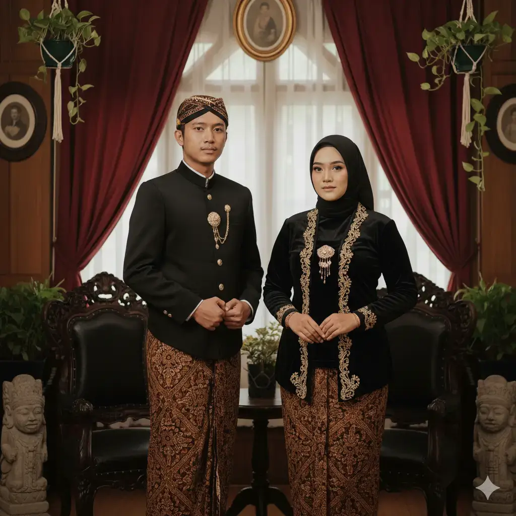 Tutorial Prewed AI : 1. Buka Google Chrome>> Ketik Google Gemini 2. Pilih foto yang mau di edit 3. Masukan Prompt ini Pasangan Indonesia berbusana adat Jawa klasik dalam sesi foto formal. pria mengenakan blangkon batik, beskap hitam dengan bros emas dan kain batik bermotif tradisional warna coklat keemasan. wanita usia 19-an sedikit gemuk sedikit berhijab hitam elegan memakai kebaya Beludru hitam dengan sulaman emas dan kain batik senada menatap kamera dengan serius. mereka duduk dan berdiri di ruang bergaya vintage, dengan perabot kayu antik, patung dekoratif, tirai merah marun, dan ornamen tanaman hijau menggantung dilatar belakang. suasana klasik, elegan, dan penuh nuansa budaya Jawa. ukuran foto 9:16 4. Setelah itu download fotonya 5. Jika wajah belum mirip >> Masuk apk face swap  6. Download foto yang sudah di faceswap 7. Selesai #fyp #adatjawa  #trend #gemini #prewedding 