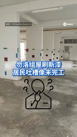 勿洛北组屋底层刷新漆后，白色柱子只有局部涂上鲜艳颜色，被居民吐槽说“看起来像还没有完工”。#新加坡 #sgnews #hdb #paint  Auto translation might not be accurate. Click to see original.