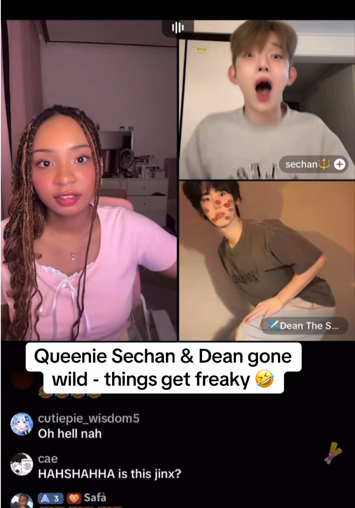Queenie Sechan & Dean go live together. Sechan and Dean get flirty and freaky 🤣😘 @퀴니 queen @sechan🔱 @✈️Dean The Savage✈️ 승현 ディン #queenie #sechan #dean #korea #funny 
