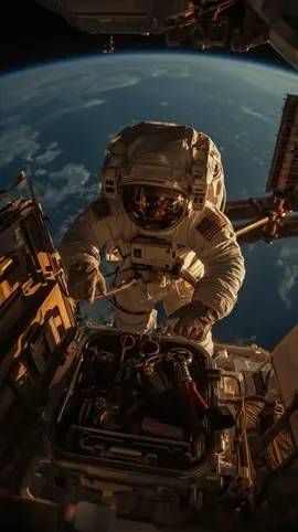 A calm, golden-hour shot at the end of a long spacewalk. Action:An astronaut, showing slight fatigue in their posture, is slowly and methodically stowing a collection of well-used tools into an external toolbox. They are checking each tether connection before closing the box's latches. Earth View:The golden glow of sunset along Earth's horizon line, casting long, deep shadows across the ISS structure and painting the astronaut's suit with warm light. Details:Tools show minor scuff marks and wear. The astronaut's suit has slight discoloration from handling equipment. The second astronaut can be seen in the background already heading towards the airlock. Camera/Shot:A calm, wide, and slightly warm-toned shot. The lighting and action convey a sense of completion and quiet accomplishment after a hard day's work in space.