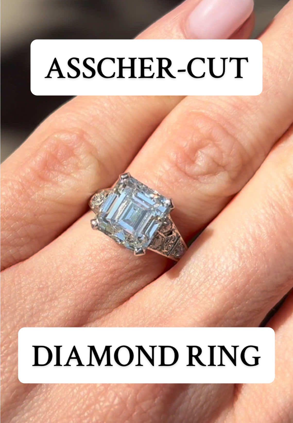 One-of-a-kind, 4.51 carat asscher-cut Diamond ring, circa 1920. Set to centre with one central, octagonal, asscher-cut Diamond, with a weight of 4.51 carats, and flanked by six round, old-cut Diamonds. The total approximate Diamond weight is 4.81 carats, to an elegant linear design with an intricately pierced gallery with scrolling heart motifs. 📍This exquisite piece is now available in our showroom in Hatton Garden, London. #diamondring #asschercut #asscercutdiamond #1920sjewellery #artdeco 