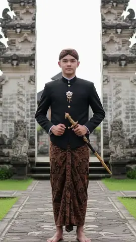 prompt_Seorang pria muda mengenakan busana adat Jawa yang elegan, terdiri dari beskap hitam dengan kancing emas dan bros bunga di dada, serta kain batik cokelat sebagai bawahan. la berdiri atau berjalan dengan percaya diri di jalan setapak yang dikelilingi rumput hijau, latar belakangnya adalah gerbang candi Bali yang megah dan simetris, dengan arsitektur batu khas dan nuansa tradisional. Pencahayaan siang hari cerah, menonjolkan detail pakaian dan latar belakang budaya yang kuat. #remakfaceai #adatjawa  #prompt #chatgpt #googlegemini
