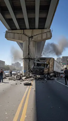 Bridge support collapses after being hit by a speeding truck. The impact was brutal — the truck slammed into one of the main supports, and moments later, the structure gave way. Drivers nearby were in shock, narrowly avoiding disaster. #wow #ai #fail #really #crash            