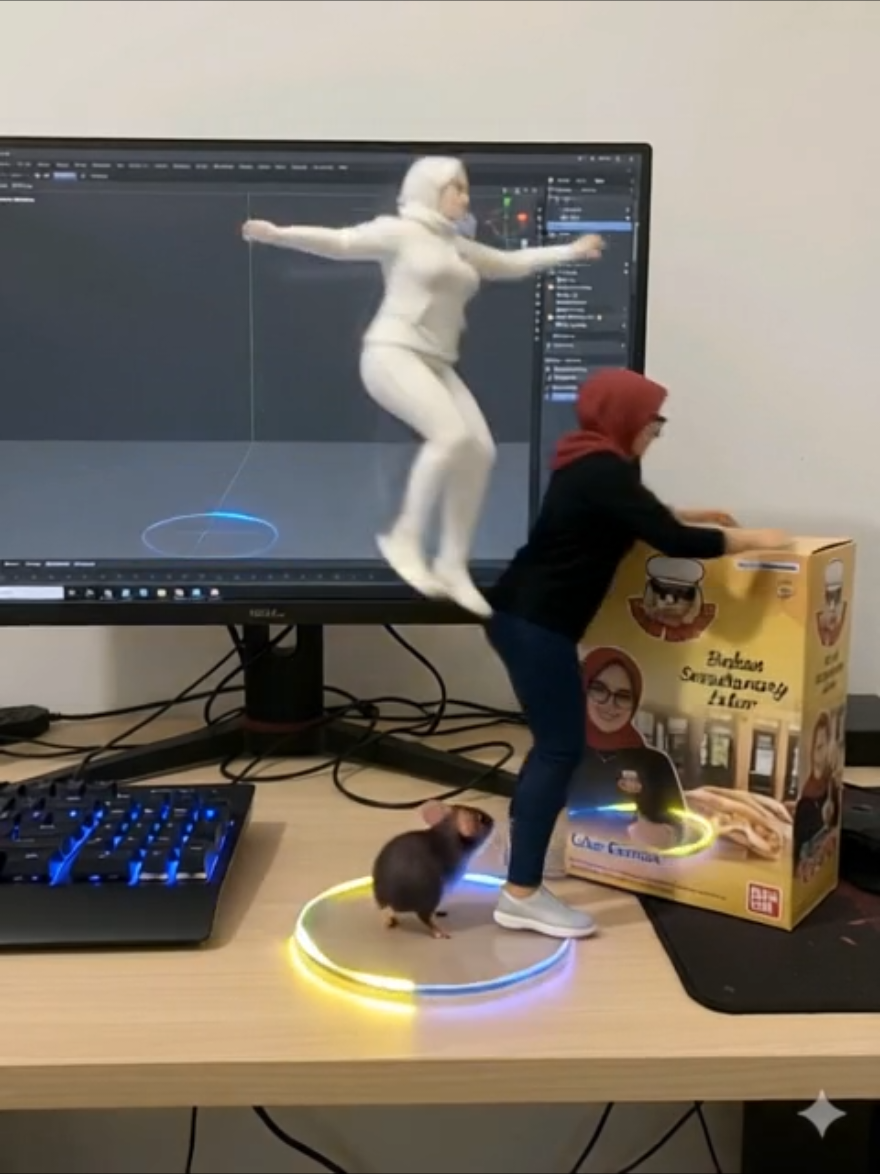 Prompt ra jelas bikin mumet ai visual generator. Prompt : Prompt AI (Cinematic HDR Close-Up Dramatic): A cinematic HDR close-up shot of a small female figurine in dramatic focus, captured at the exact moment she leaps in surprise as a mouse approaches. The figurine is seen mid-motion, moving toward her transparent box packaging nearby. The glowing computer screen casts a soft bluish light across the scene. Between the keyboard keys in the background, tiny neon-blue lights blink intermittently. The round acrylic base is in the foreground, glowing with rotating LED lights in vivid yellow and electric blue, creating intense contrast and a mysterious cinematic atmosphere. Ultra-detailed textures, sharp focus, high dynamic range, dramatic lighting, realistic depth of field.  #prompt #gemini #miniatur #trendai #ai  prompt ai acton figure miniatur