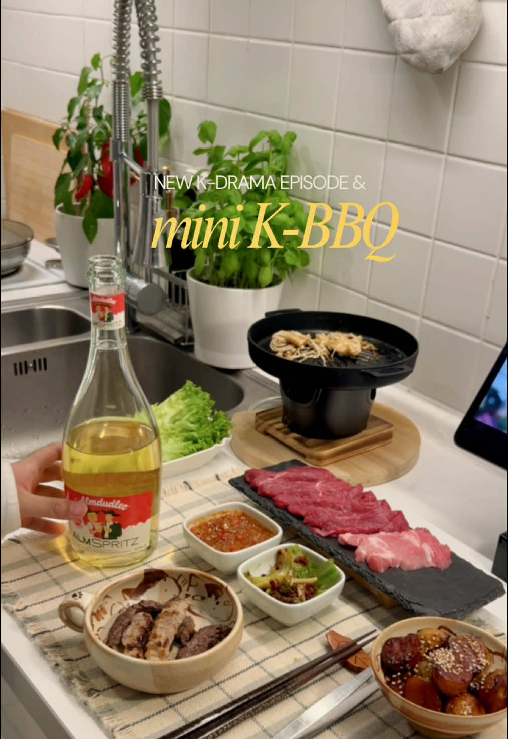 mini korean bbq night with kdrama🎬✨ dipping sauce (ssamjang) 	• 1.5 tbsp ssamjang,         • 1 tbsp apple vinegar, 1.5 tbsp sesame oil 	• add crushed garlic        • chopped chilies to taste 🌱green onion salad (pa-muchim) 	•	thinly slice scallions, give them an ice-cold bath (5–10 min), drain well 	•	toss with: 1 tbsp gochugaru, 1 tbsp soy sauce, 1 tbsp vinegar, 1.5 tbsp syrup (or 1 tbsp sugar), crushed garlic to taste 🥔potato gamja jorim 	•	halve baby potatoes; pan-fry in a little oil 7–10 min until golden 	•	add 2 tbsp soy sauce, 1 tbsp syrup, crushed garlic, 1 cup water 	•	cover and simmer 10 min on medium, then uncover and reduce until glazed 	•	finish with sesame seeds  #koreanbbq #kbbq #koreanfood #kdrama #bonappetityourmajesty 