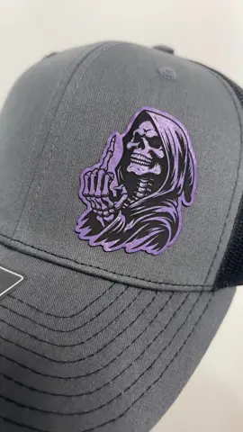 Check these out! That glow in the dark patch is 🔥🔥🔥 Leatherette patches are custom laser engraved and permanently affixed using a heat press. Hats are popular Richardson 112 trucker style with adjustable SnapBack closure. We also carry Evolve ponytail hats, FlexFit, and Flat Bill. Check out our TikTok shop for more styles and designs!  #hat #tiktokshop #hisandhers #halloween #grimreaper 