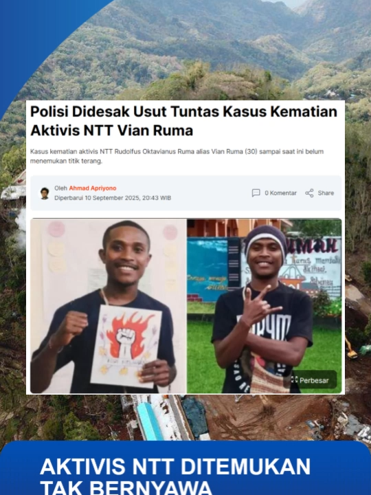 Seorang aktivis lingkungan & pengajar matematika asal Flores, ditemukan tewas mengenaskan di sebuah gubuk bambu di Desa Tonggo, Nagekeo (5 September 2025) tubuh terikat tali sepatu, kaki masih menyentuh lantai, dengan barang pribadi seperti ponsel, tas, dan sepeda motor tersisa di lokasi. Keluarga dan komunitas menolak label “bunuh diri”. Banyak kejanggalan posisi tali, luka di wajah, tidak adanya tanda perusakan sekitar yang memicu dugaan rekayasa tragedi. #prabowo #fypシ゚ #viral #vianruma #ntt #nttpride🏝🔥