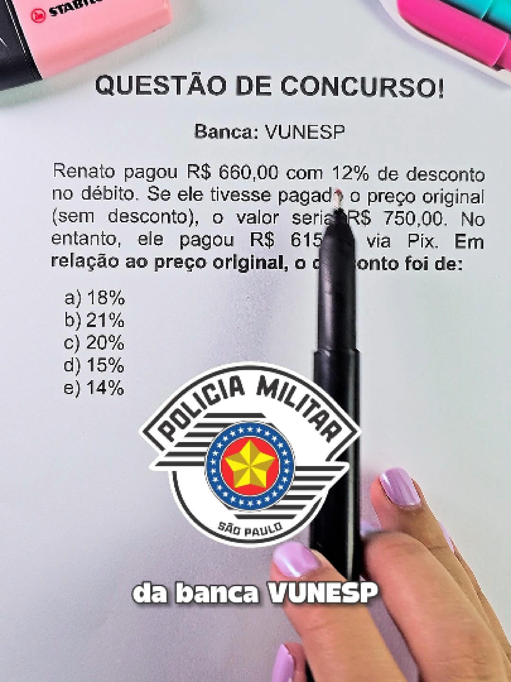 📘 QUESTÃO DE CONCURSO – VUNESP Renato fez um pagamento no débito de R$ 660,00, mas esse valor já tinha 12% de desconto sobre o preço original de R$ 750,00. 👉 Depois, ele pagou via Pix R$ 615,00. A pergunta é: em relação ao preço original de R$ 750,00, qual foi o desconto real no Pix? ⚖️ Raciocínio para o público do Facebook: Essa é uma típica questão de porcentagem que derruba muita gente em provas! Parece simples, mas exige atenção: Primeiro, identifique o preço original. Depois, compare com o valor efetivamente pago. Por fim, calcule a porcentagem de desconto total. 📊 Alternativas: a) 18% b) 21% c) 20% d) 15% e) 14% 🔥 Dica: não caia na armadilha de somar ou subtrair os descontos direto. Sempre compare o valor pago com o valor original! #EmAula #matematica #concurso #raciociniologico #policiamilitar #saopaulo #vunesp
