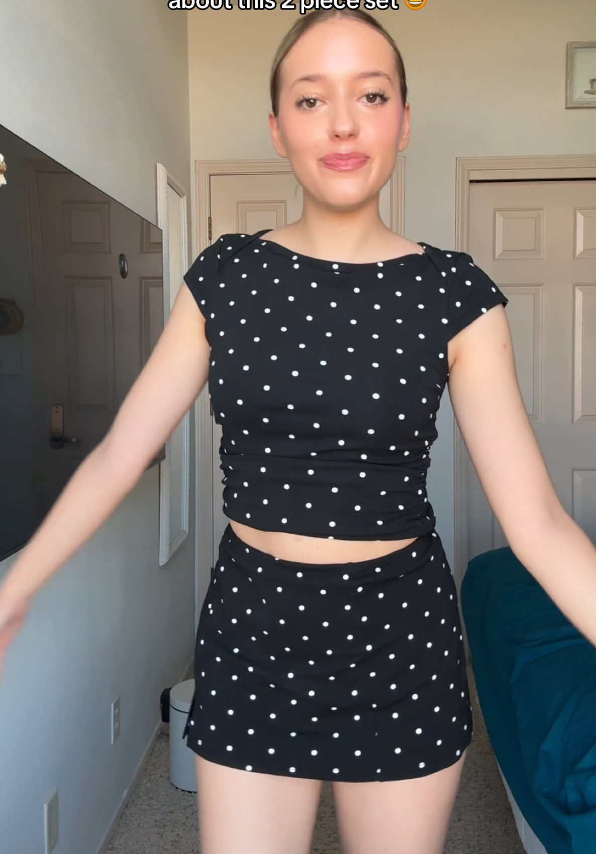 Polka dots never go out of style 🖤 This matching set is seriously the easiest outfit to dress up or down — perfect for vacations, dinner dates, or just a fun day out ✨ Linked here so you can grab it too! #OOTD #VacationStyle #PolkaDotFashion #MatchingSet #TikTokMadeMeBuyIt