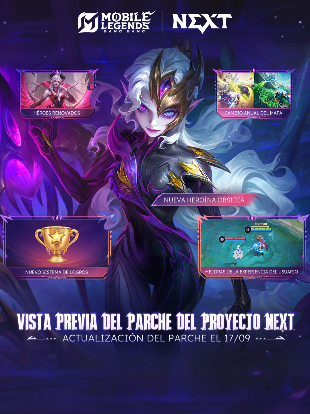¡El completamente nuevo Parche del Proyecto NEXT se lanza el 17/09! Obsidia, la Soberana del Abismo despertada, llega a la Tierra del Amanecer para asestar golpes letales a los enemigos con Esquirlas de Hueso. Alice, Dyrroth y Thamuz reciben ajustes de renovación para enfrentar a la Soberana del Abismo despertada con nuevas apariencias. El Cambio de Mapa Anual trae experiencias de campo de batalla más diversas y opciones tácticas más ricas; un sistema de logros completamente nuevo exhibe tu gloria única del campo de batalla; además de controles mejorados y optimizaciones de jugabilidad para una experiencia de combate más fluida y suave. ¡Más sorpresas te esperan en el Parche del Proyecto NEXT! #MLBBNEXT2025 #ReadyforNEXT #MobileLegendsBangBang