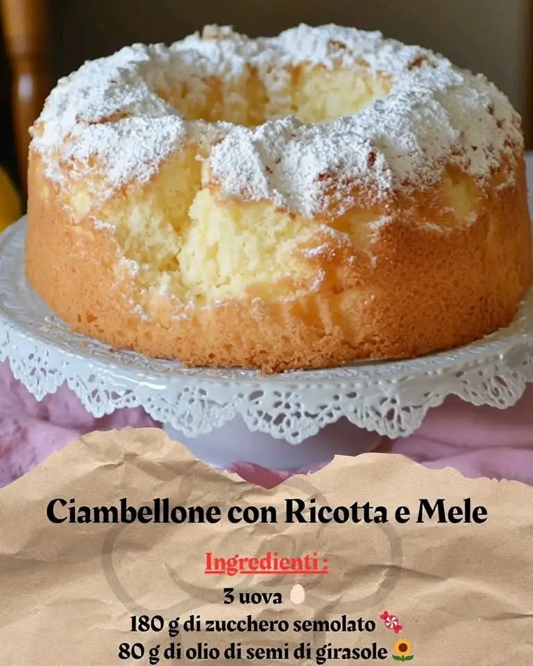 Il ciambellone con ricotta e mele è un dolce che unisce la morbidezza della ricotta e la freschezza delle mele in una torta soffice e golosa, perfetta per ogni momento della giornata, dalla colazione alla merenda. Con una preparazione semplice e ingredienti genuini, questo ciambellone è l'ideale per coccolarsi con un dolce che sa di casa e di tradizione. Ingredienti: 3 uova  180 g di zucchero semolato  80 g di olio di semi di girasole  Scorza di 1 limone  (non trattato) 250 g di ricotta fresca  250 g di farina 00  1 bustina di lievito per dolci  2 mele grandi  1 cucchiaio di zucchero per le mele  Succo di mezzo limone  Un po' di burro e farina per lo stampo  Preparazione:  Preparare le mele : Inizia sbucciando le mele e tagliandole a piccoli tocchetti. Metti i pezzetti in una ciotola, aggiungi un cucchiaio di zucchero e il succo di mezzo limone. Mescola bene per fare in modo che le mele si insaporiscano e lasciale riposare per qualche minuto in modo che rilascino il loro succo.  Montare le uova : In una ciotola capiente, sbatti le uova con lo zucchero semolato fino a ottenere un composto chiaro e spumoso. Questo passaggio è fondamentale per ottenere un impasto soffice e ben aerato.  Aggiungere gli altri ingredienti : Aggiungi all'impasto l'olio di semi di girasole e la scorza di limone grattugiata. Mescola bene per amalgamare tutti gli ingredienti. A questo punto, aggiungi la ricotta fresca e continua a mescolare per incorporarla perfettamente, dando un tocco di morbidezza al dolce. Setaccia la farina con il lievito per dolci e uniscili gradualmente al composto, mescolando delicatamente per evitare grumi.  Unire le mele : Aggiungi le mele con il loro succo all'impasto e mescola delicatamente per distribuire uniformemente le mele nell'impasto. La freschezza delle mele arricchirà il ciambellone con un sapore fruttato e umido.  Preparare lo stampo : Imburra e infarina uno stampo per ciambellone di 24-26 cm di diametro. Versa l’impasto nello stampo e, se desideri una superficie ancora più croccante, spolvera la parte superiore con un cucchiaio di zucchero semolato.  Cuocere in forno : Preriscalda il forno a 180°C e cuoci il ciambellone per circa 40 minuti. Controlla la cottura facendo la prova stecchino: se esce asciutto, il dolce è pronto. La superficie del ciambellone dovrà risultare dorata e leggermente croccante.  Raffreddare e servire : Una volta cotto, lascia raffreddare il ciambellone nello stampo per circa 10 minuti. Poi, sformalo e trasferiscilo su una griglia per farlo raffreddare completamente. Se vuoi, spolveralo con zucchero a velo per una finitura elegante e un tocco di dolcezza in più. #ciambellone #ricotta #mele #ricette #facili 